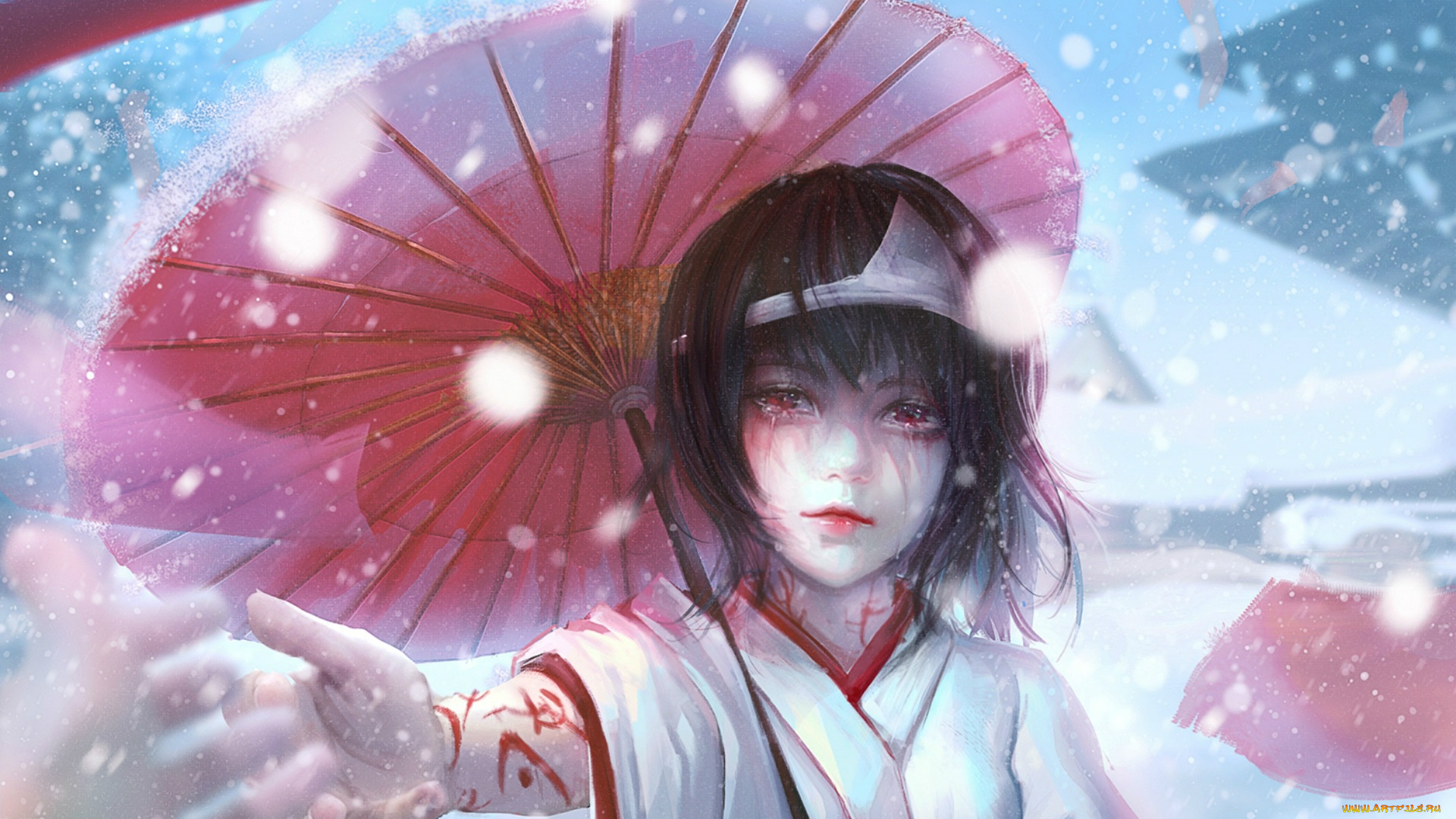 аниме, noragami, sangrode, слезы, ёкай, зонт, руки, nora, art, кимоно, снег, бездомный, бог