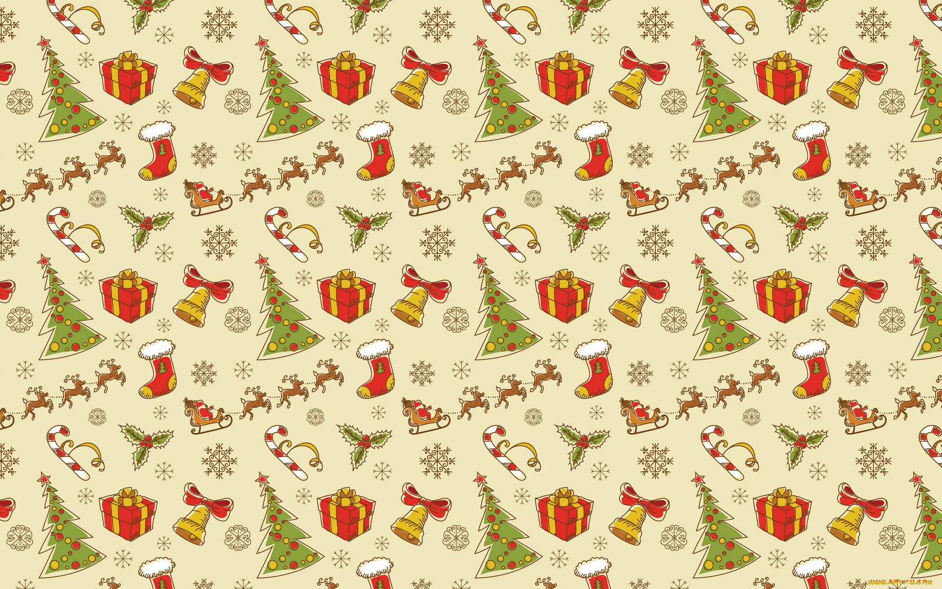 праздничные, векторная, графика, , новый, год, орнамент, текстура, сани, олени, дед, мороз, ёлки, коробки, снежинки, рождество, носки, подарки, конфеты, колокольчики