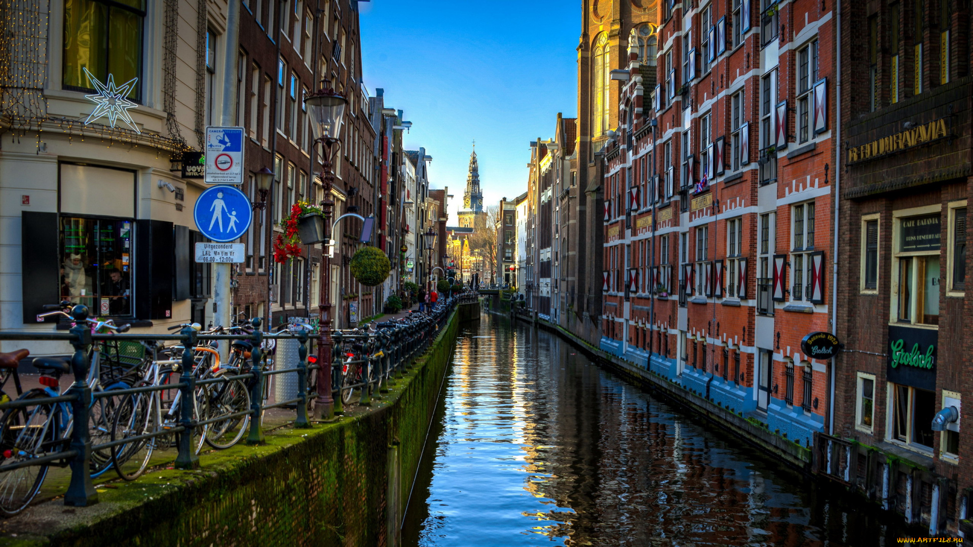 города, амстердам, , нидерланды, канал, дома, велосипеды