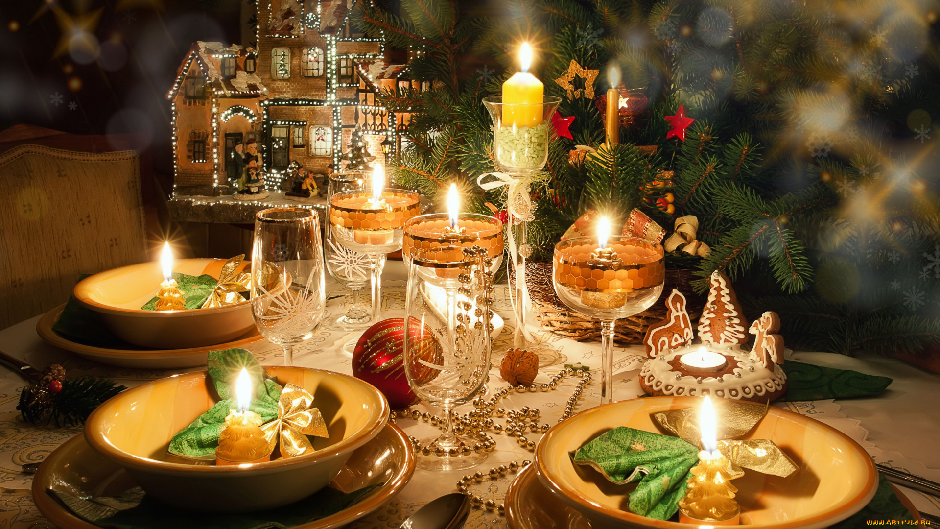 праздничные, -, разное, , новый, год, бокалы, свечи, сервировка, стол, украшения