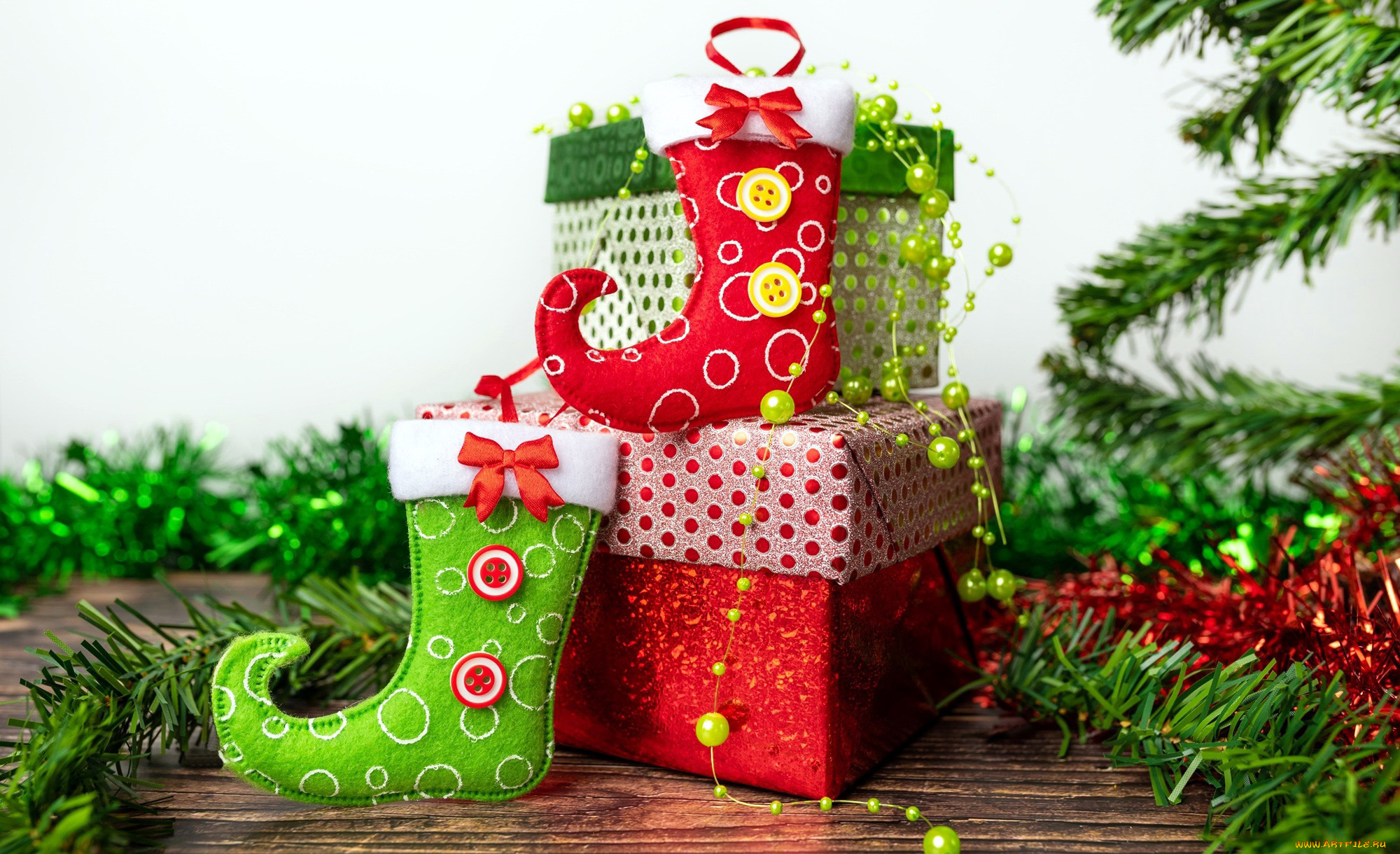 праздничные, подарки, и, коробочки, рождественский, носок, подарки