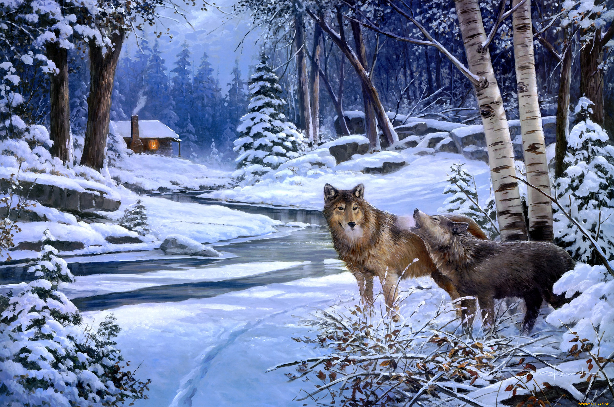 return, to, cabin, creek, рисованные, george, kovach, волки, хижина, зима