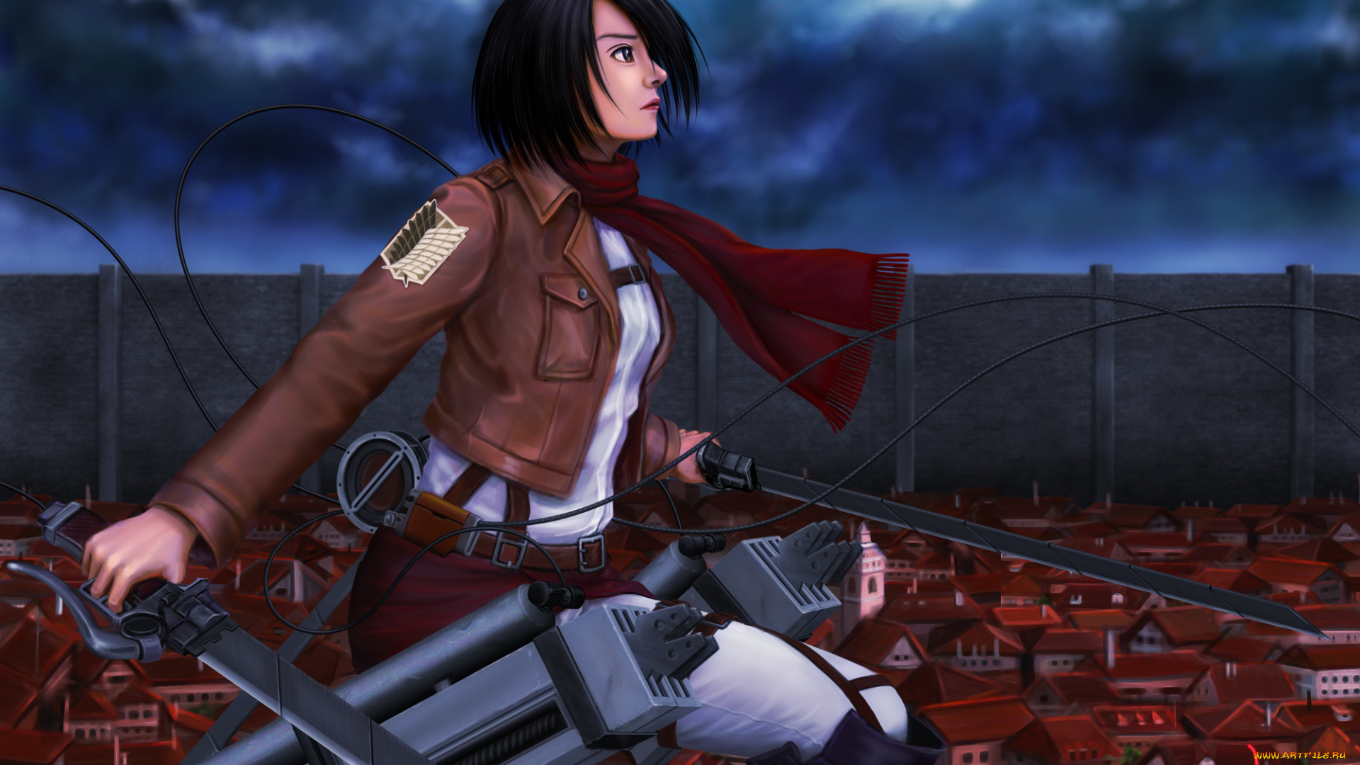 аниме, shingeki, no, kyojin, art, ebi, девушка, mikasa, ackerman, взгляд, клинки, полет, город