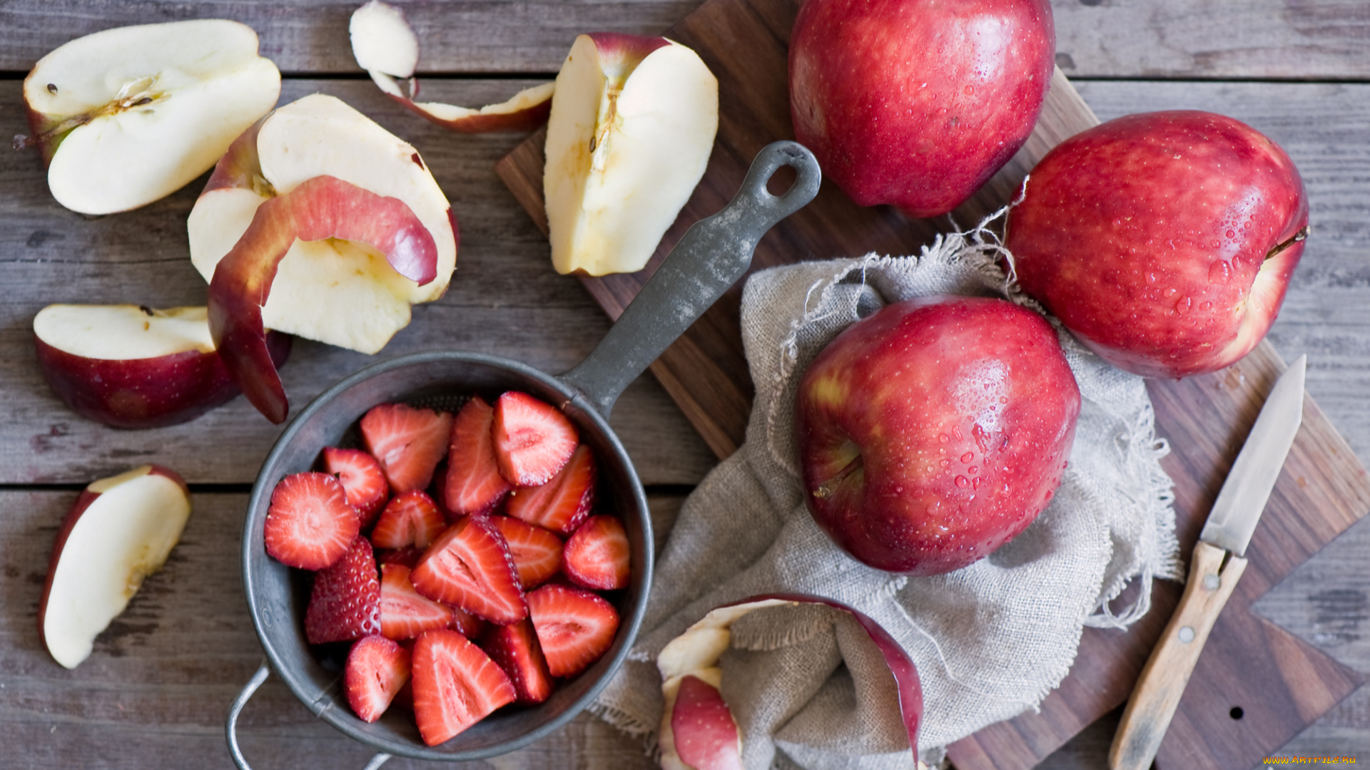 еда, фрукты, , ягоды, клубника, нож, яблоки