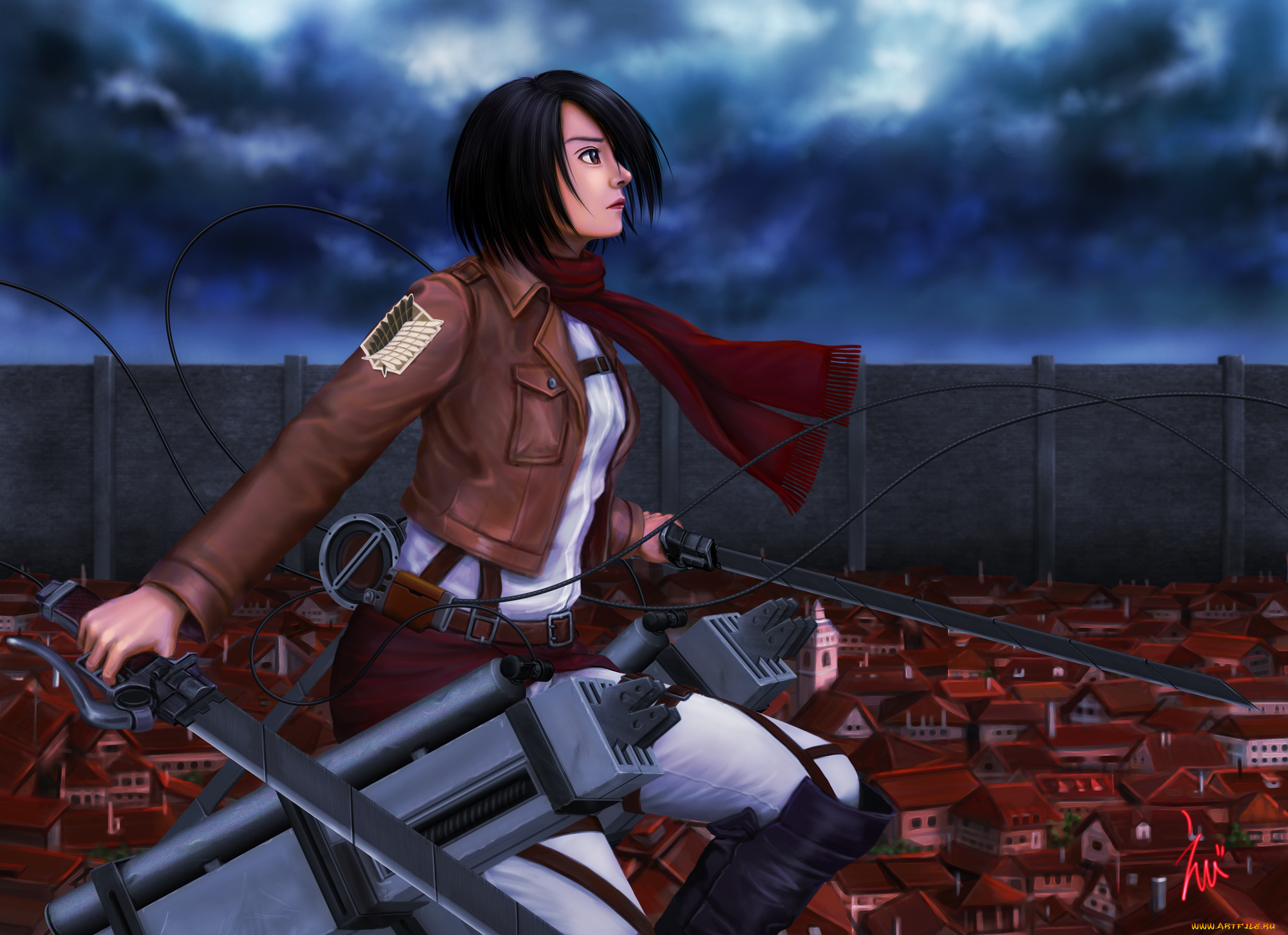 аниме, shingeki, no, kyojin, art, ebi, девушка, mikasa, ackerman, взгляд, клинки, полет, город