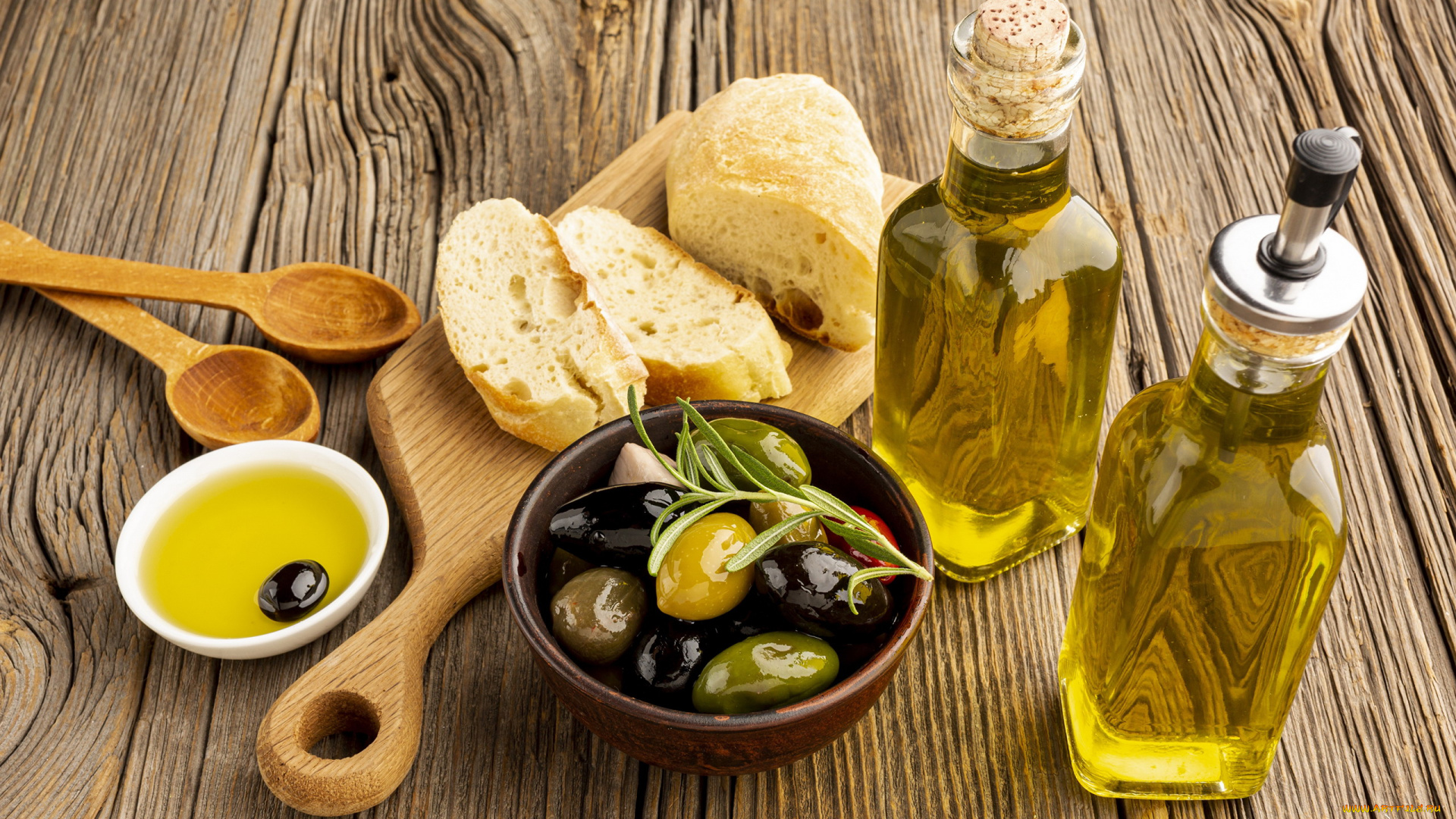 еда, оливки, багет, маслины, розмарин, масло