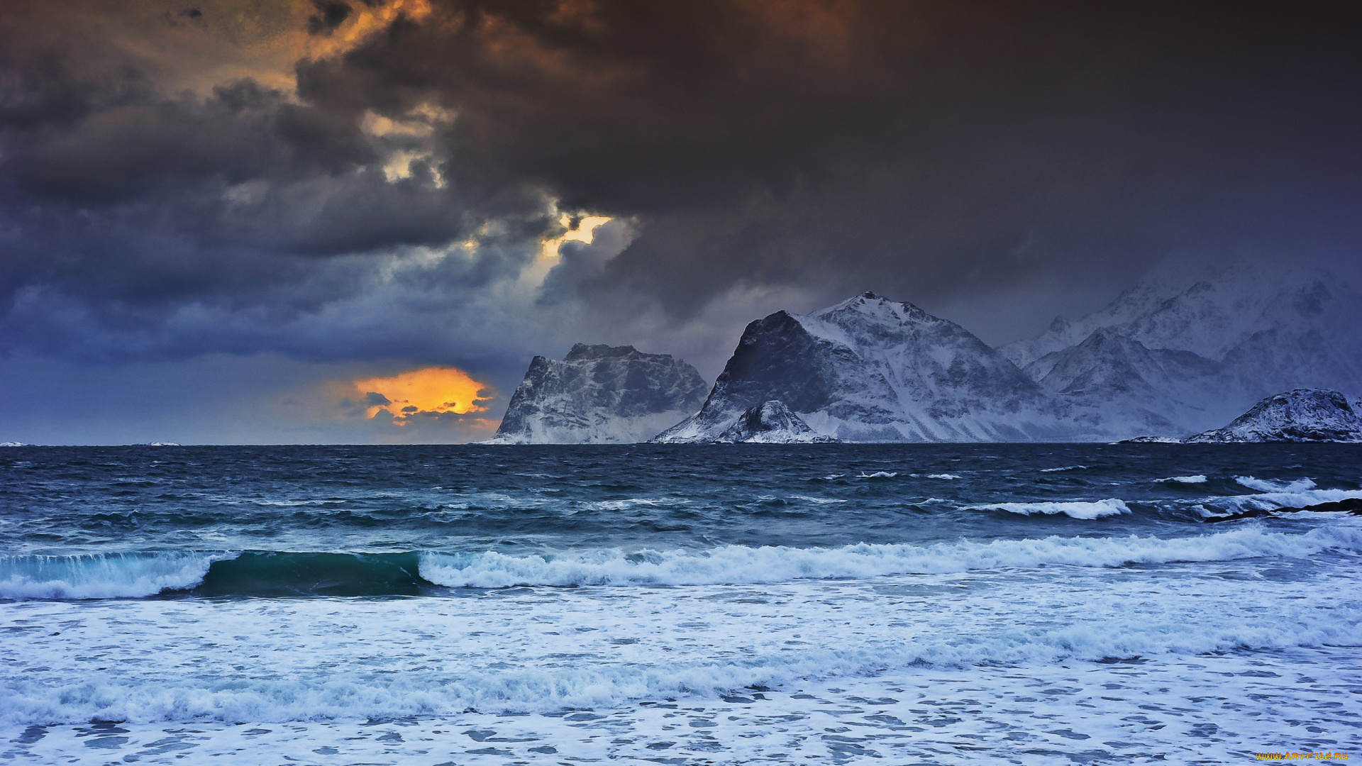 природа, моря, океаны, волны, норвежское, море, горы