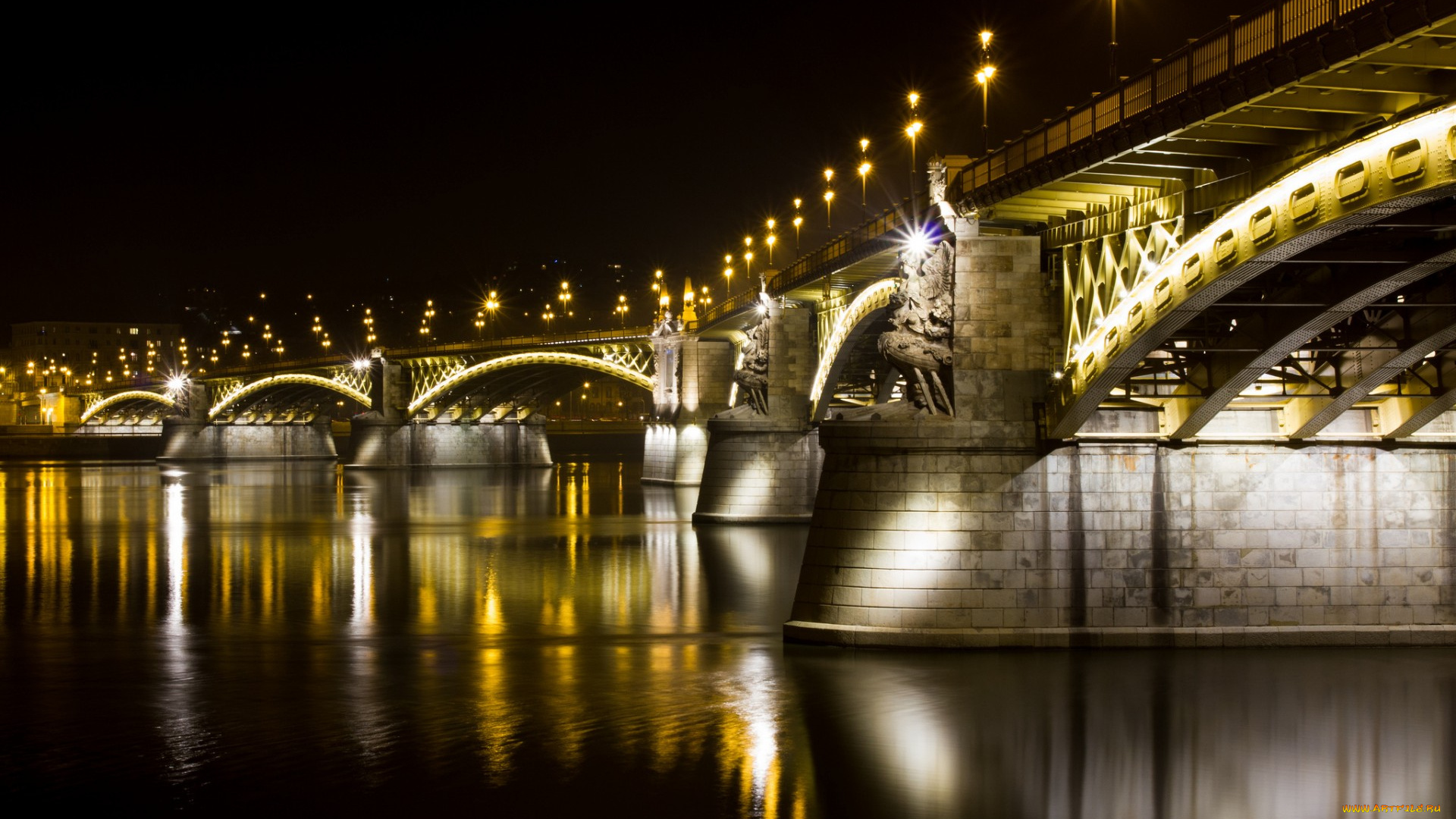 города, мосты, ночь, река, огни, опоры, мост, margaret, bridge, budapest