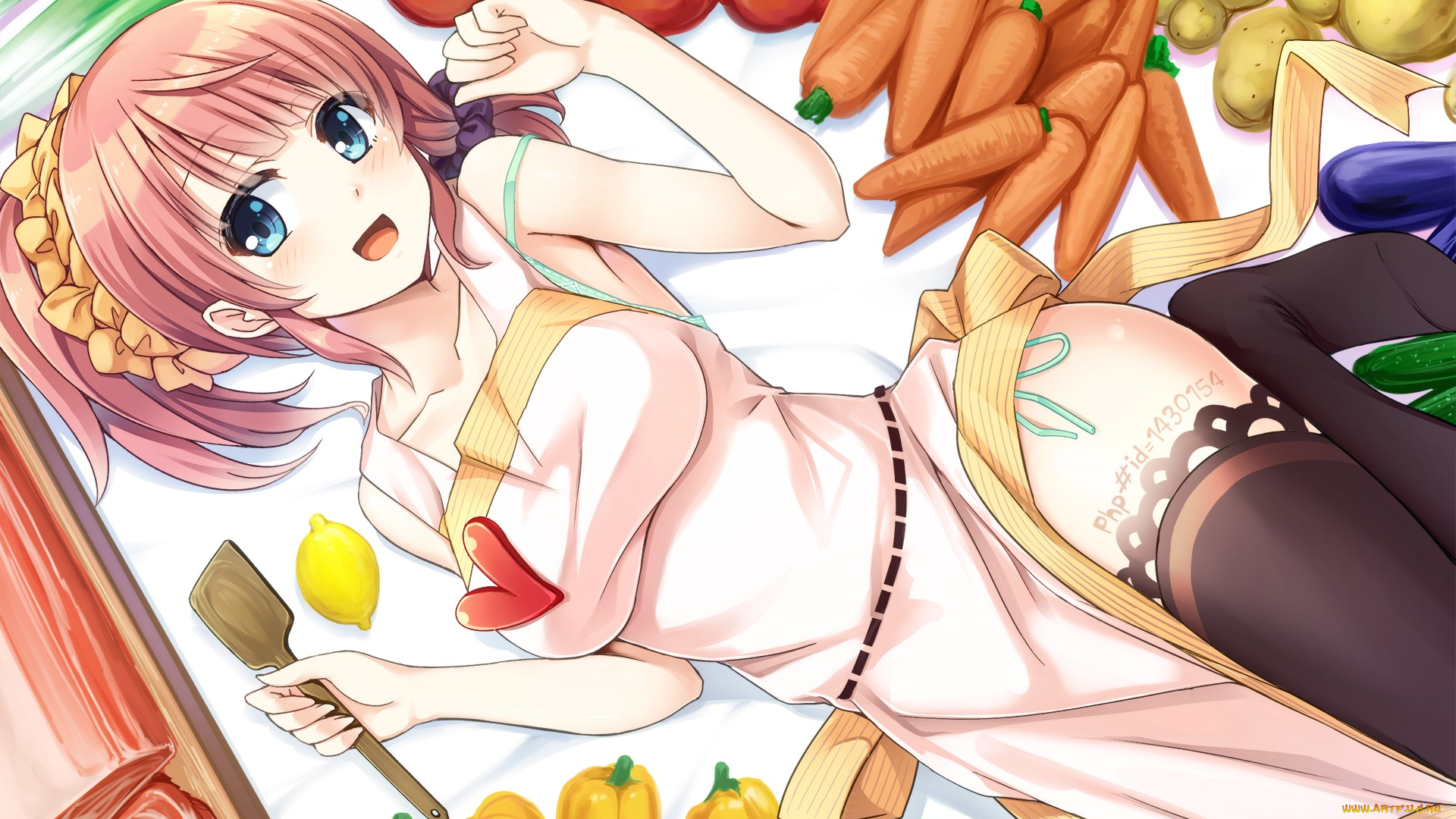аниме, unknown, , другое, pinkarage, арт, девушка, лежит, морковь, картофель, перец, помидоры, лопатка, овощи