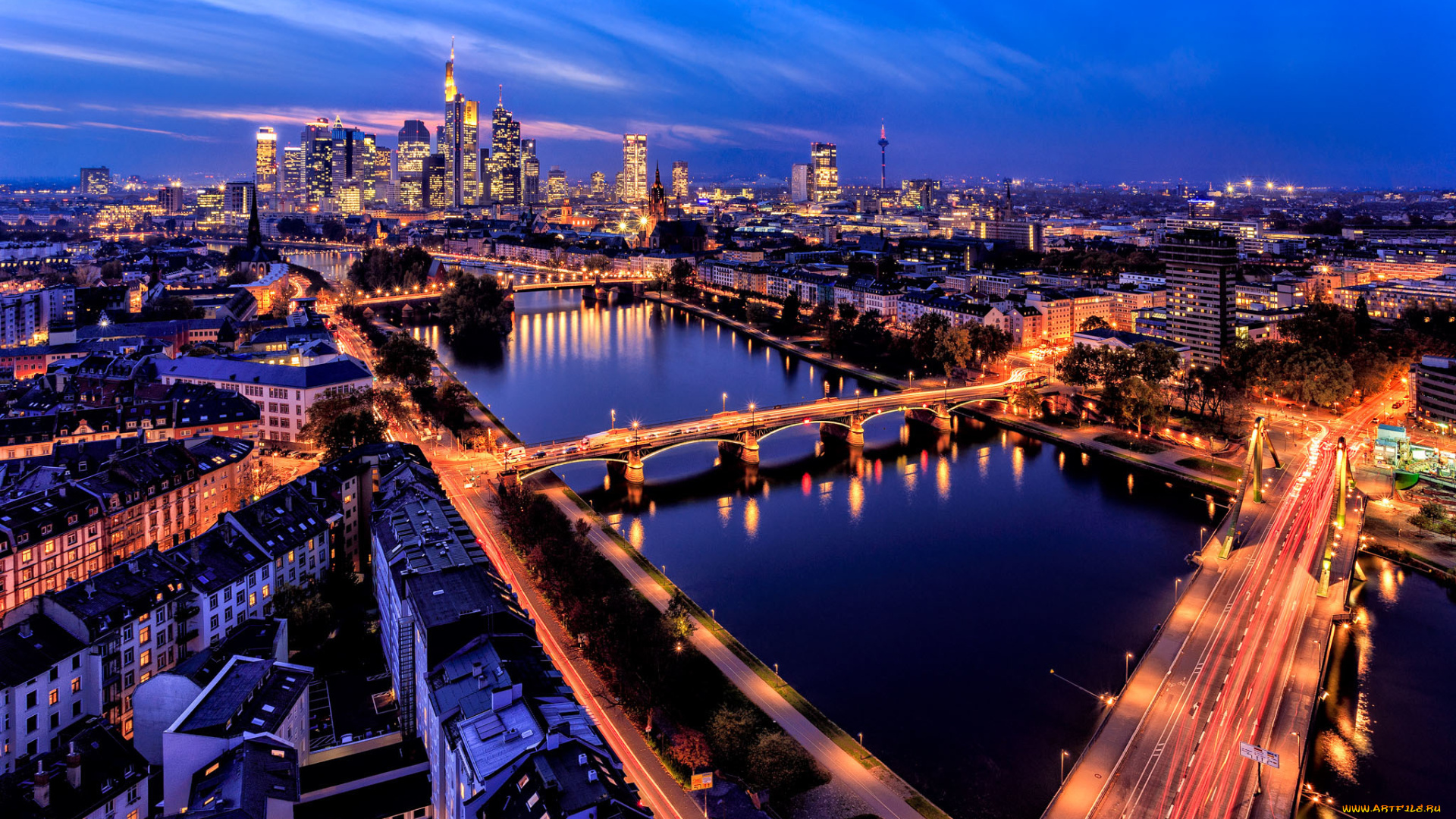 города, франкфурт-на-майне, , германия, горизонты, мосты, огни, франкфурт, ночь, небо, река