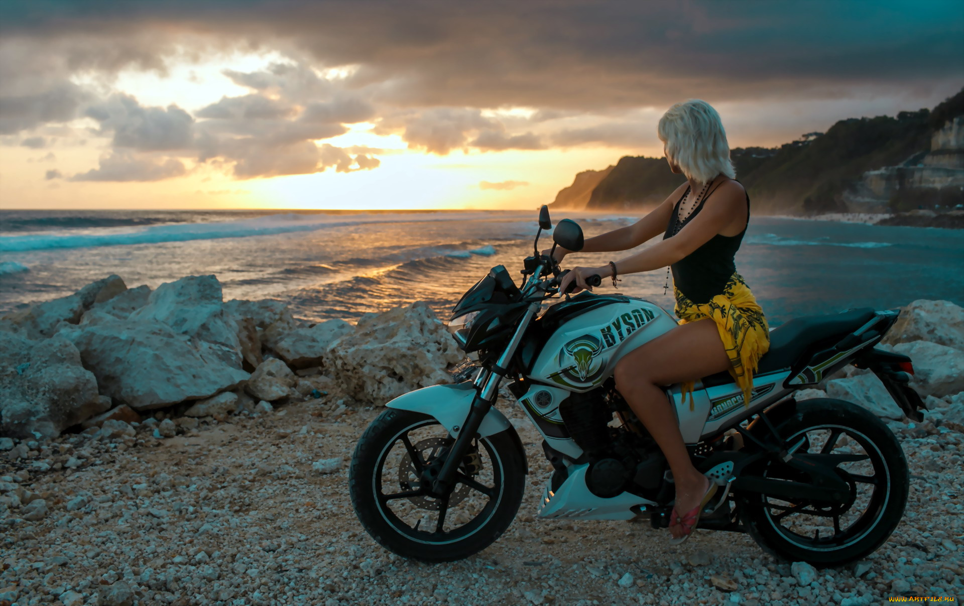 мотоциклы, мото, с, девушкой, блондинка, майка, юбка, мотоцикл, закат, берег