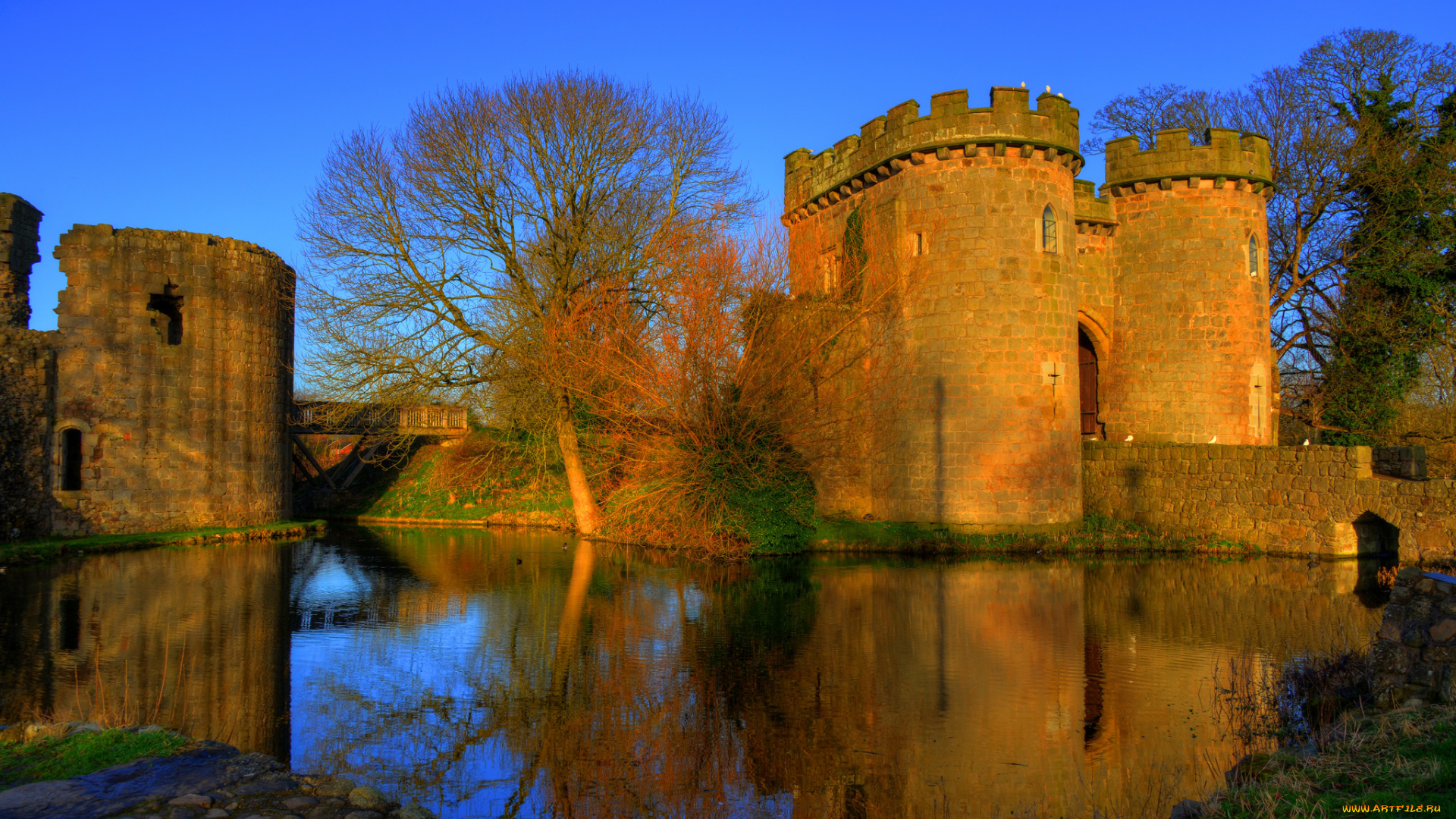 whittington, castle, города, замки, англии, замок, мост, пруд