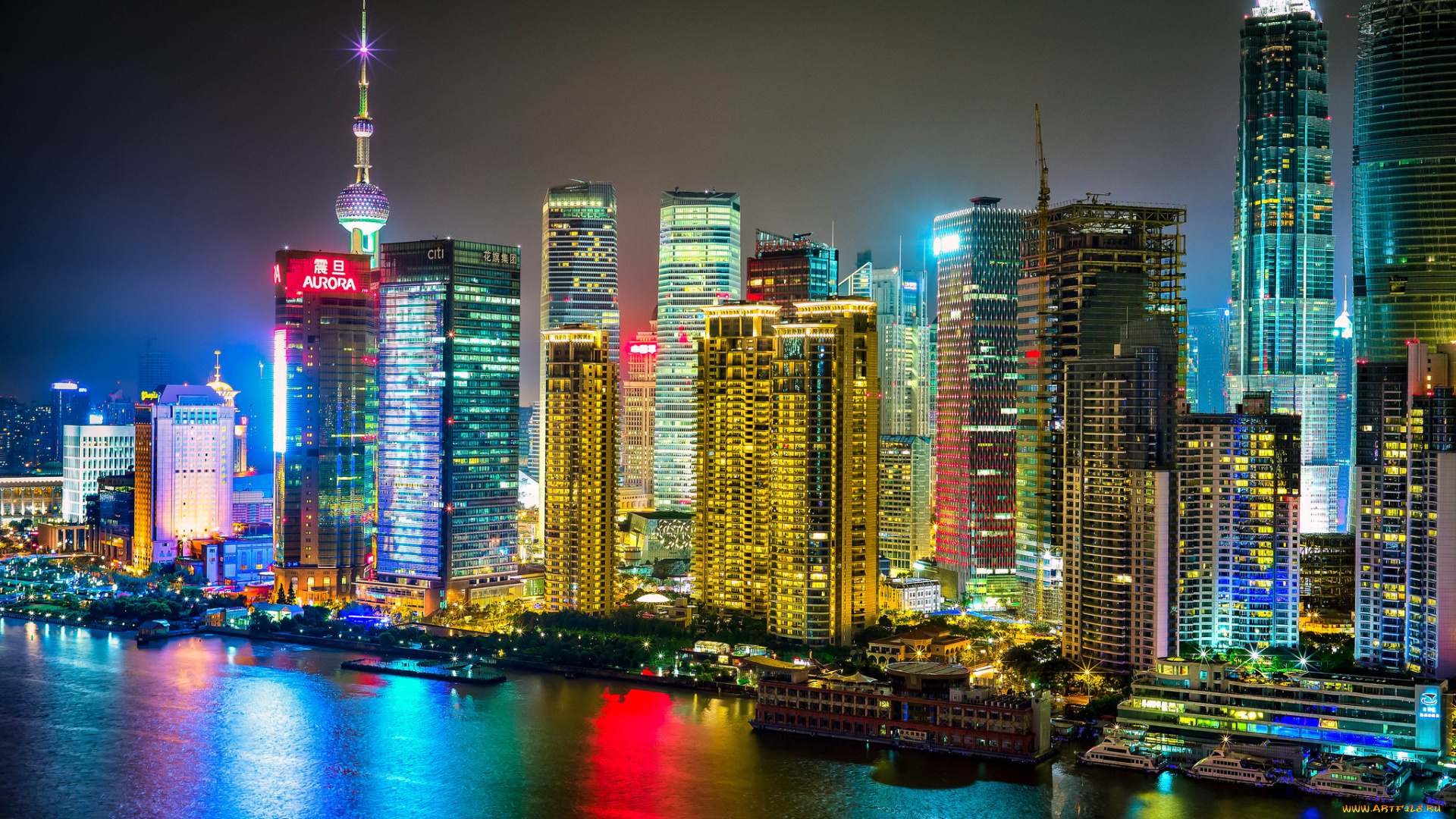 shanghai, china, города, шанхай, китай, ночной, город, здания, небоскрёбы, река
