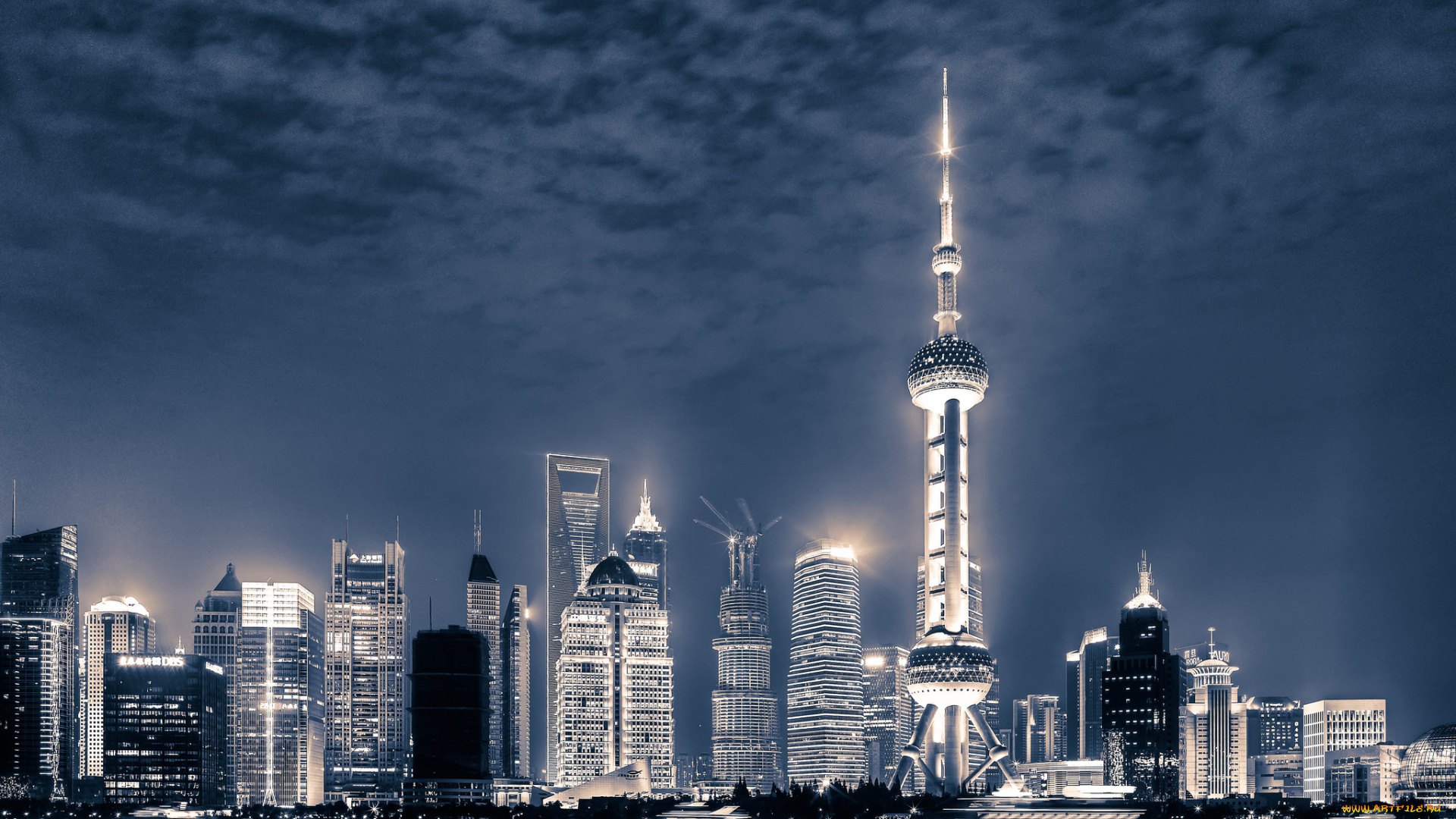 shanghai, china, города, шанхай, китай, ночной, город, здания, яхты, река
