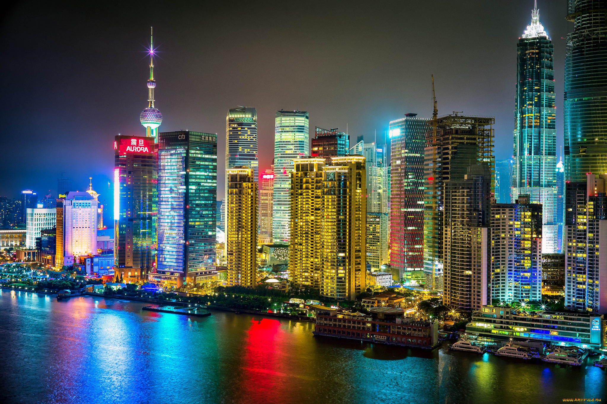 shanghai, china, города, шанхай, китай, ночной, город, здания, небоскрёбы, река