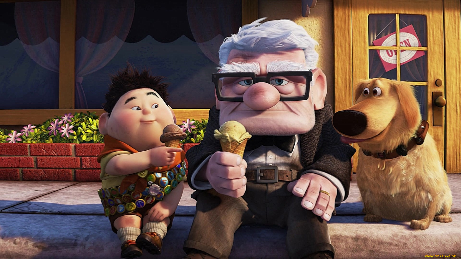 мультфильмы, up, мороженое, очки, мальчик, значки, дедушка, собака