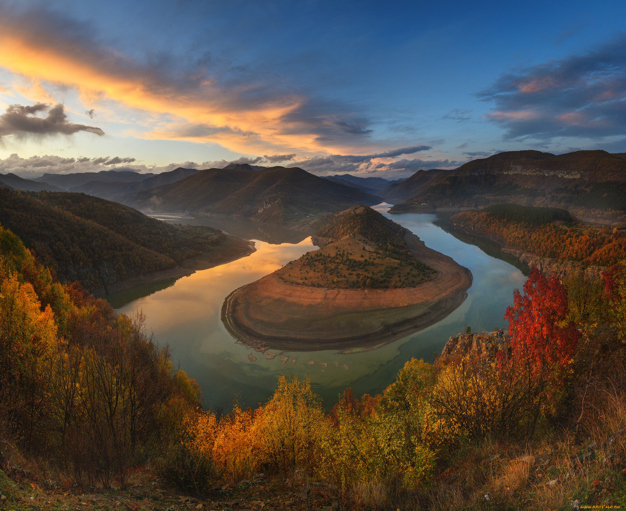 природа, пейзажи, осень, облака, пейзаж, закат, горы, река, болгария