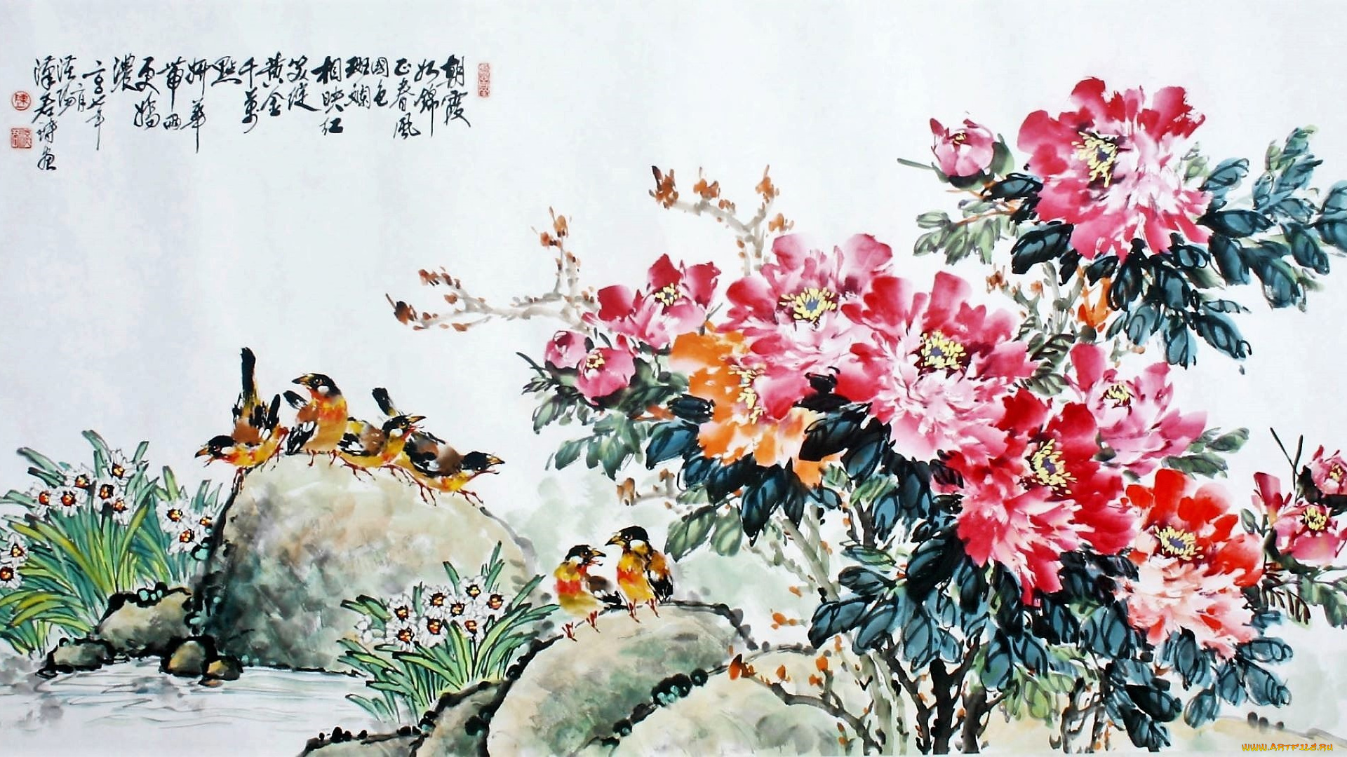 рисованное, цветы, птицы, камни