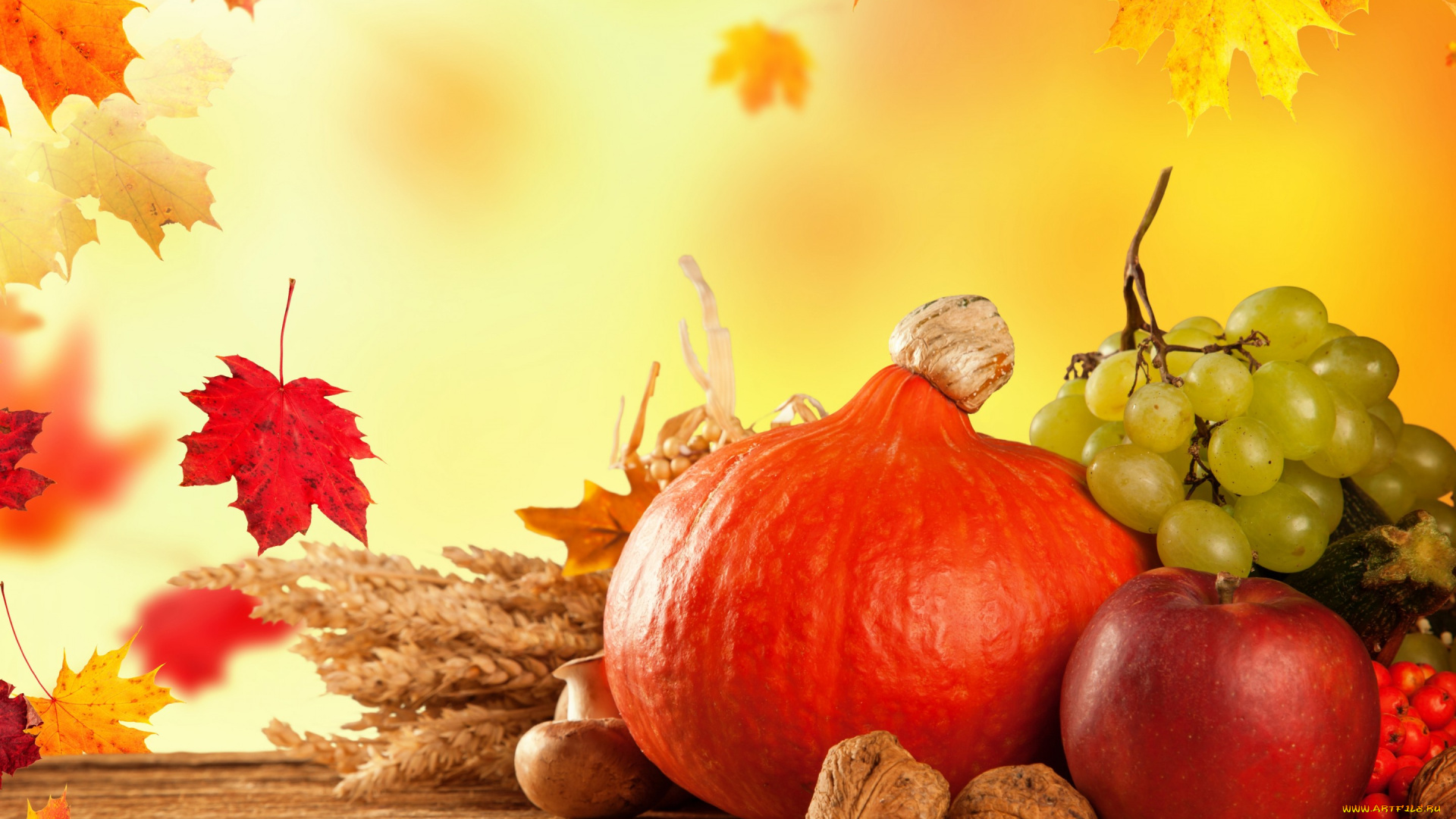 еда, фрукты, и, овощи, вместе, тыква, fruits, виноград, урожай, листья, осень, pumpkin, still, life, autumn, harvest