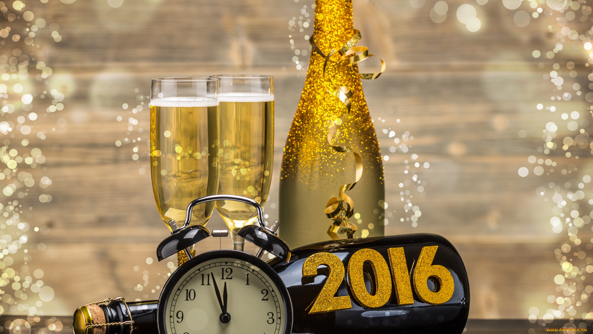 праздничные, угощения, new, year, 2016, happy, бокалы, новый, год, clock, champagne, golden, бутылка, часы, шампанское