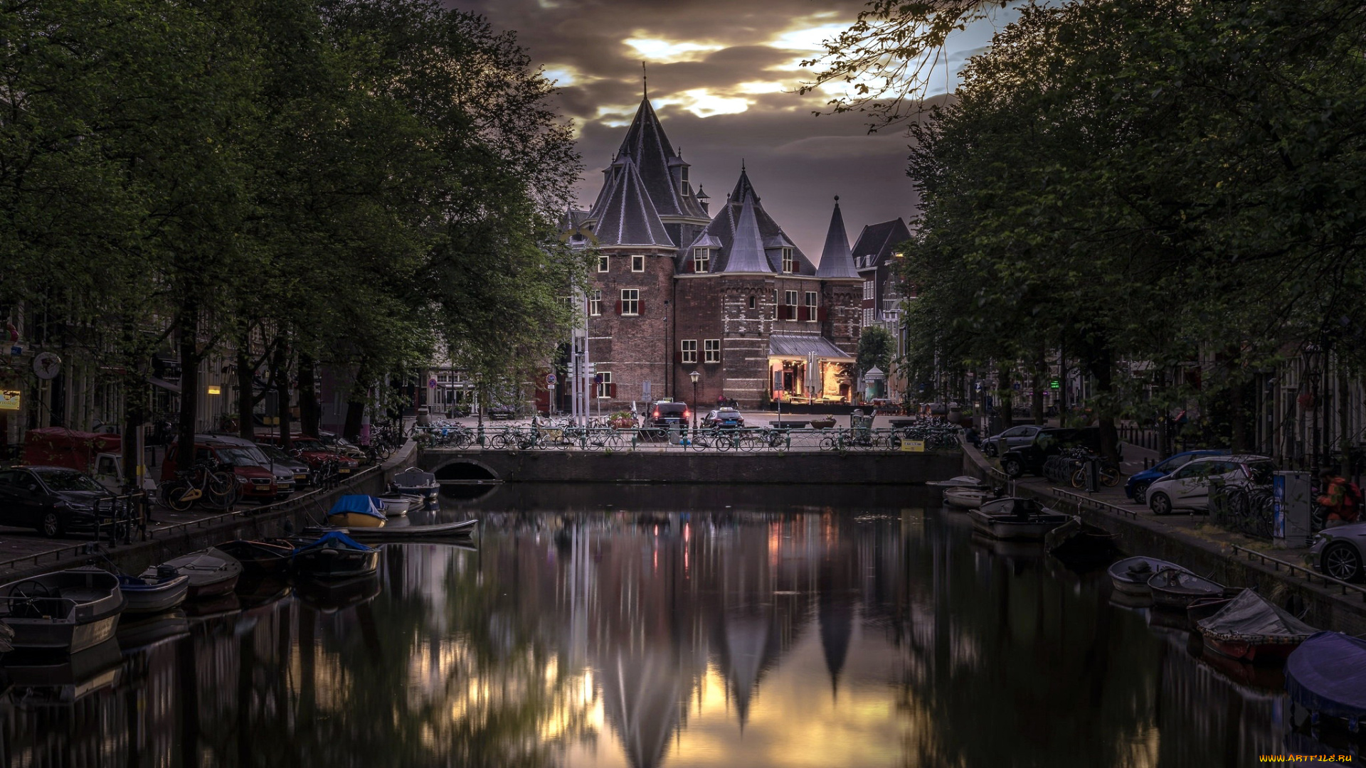 города, амстердам, , нидерланды, сумерки, лодки, канал