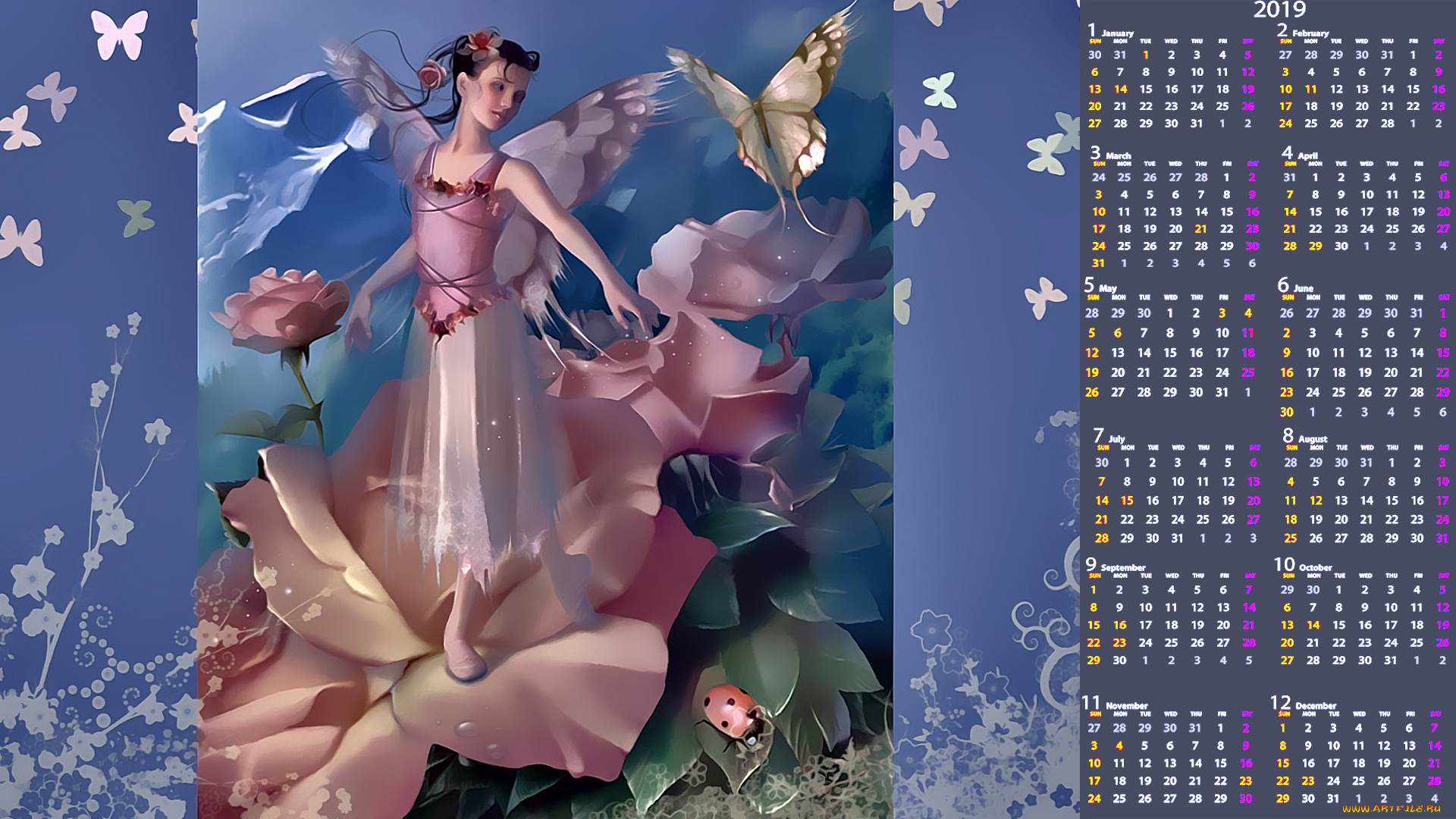 календари, фэнтези, цветы, бабочка, крылья, девушка