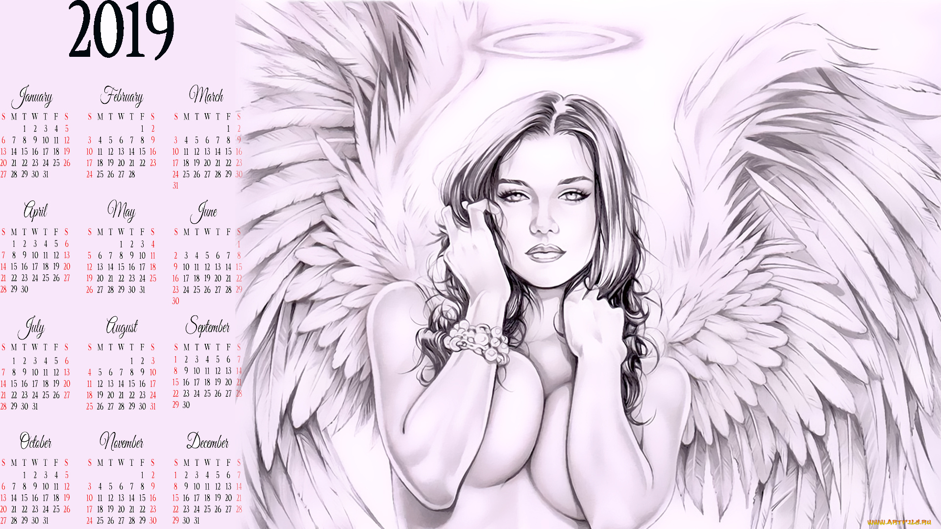 календари, фэнтези, девушка, нимб, крылья, 2019, calendar, взгляд, ангел