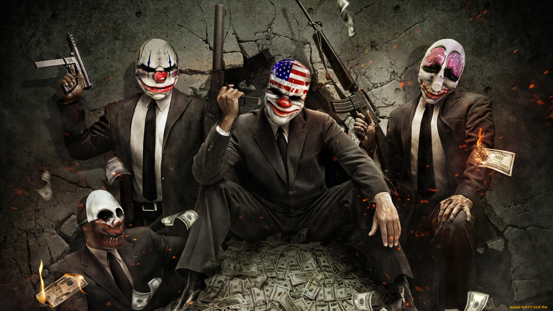 payday, the, heist, видео, игры, оружие, доллары, маски