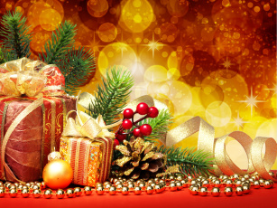 Картинка праздничные украшения подарки коробочки шишка шарик гирлянда