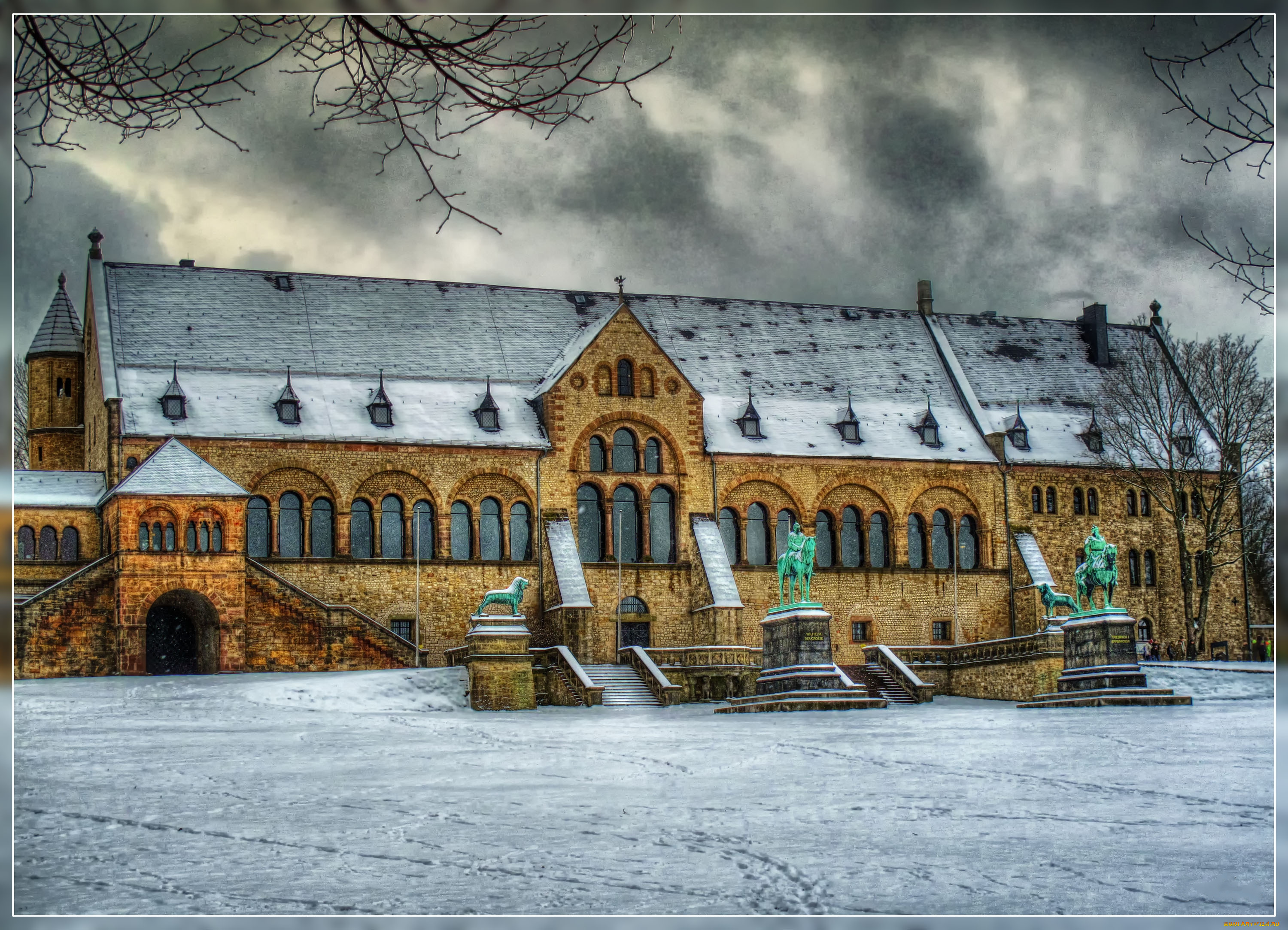 kaiserpfalz, goslar, города, дворцы, замки, крепости, статуи, зима, снег, тучи, замок