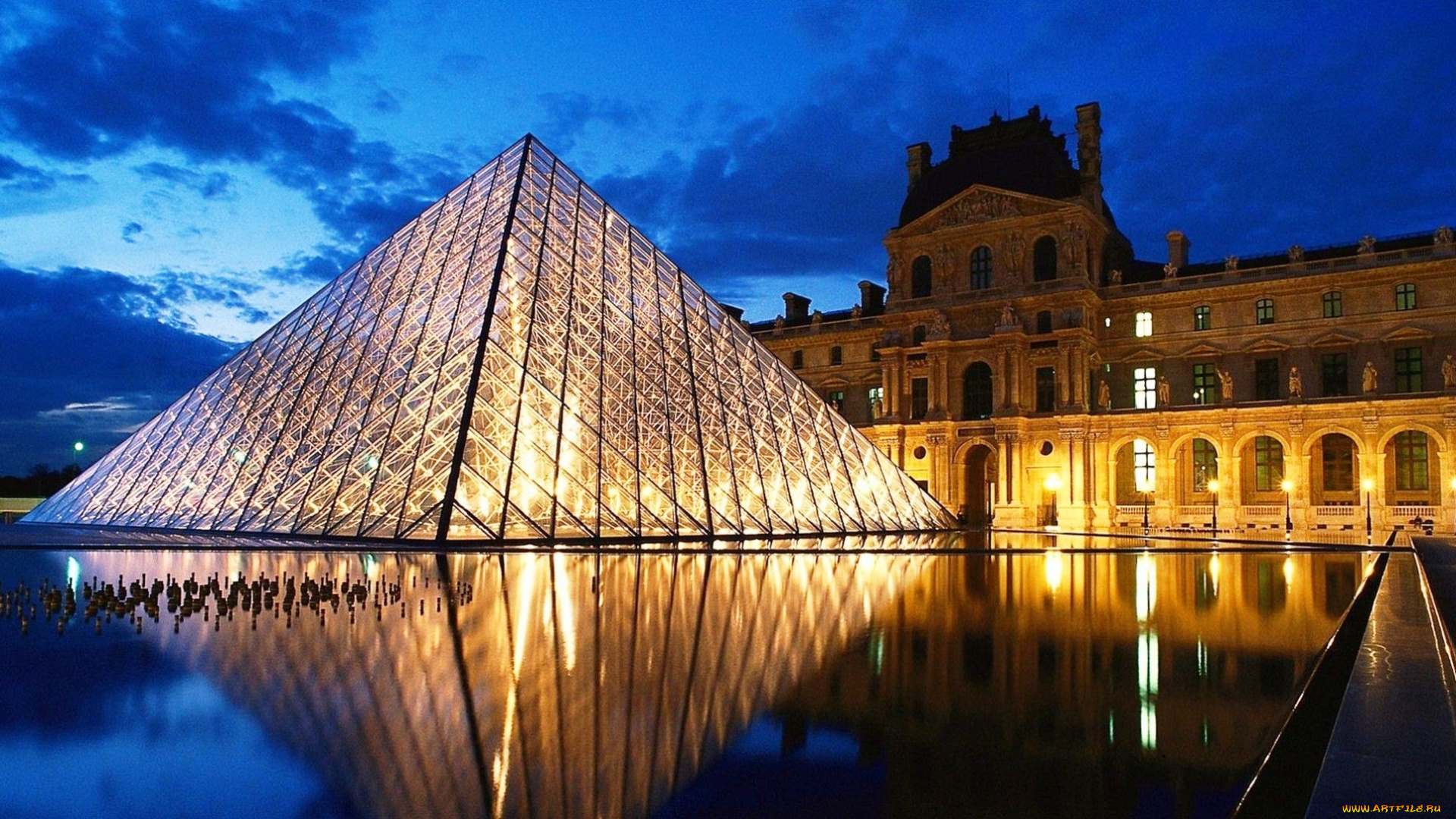 города, париж, , франция, вода, музей, пирамида, свет, лувр