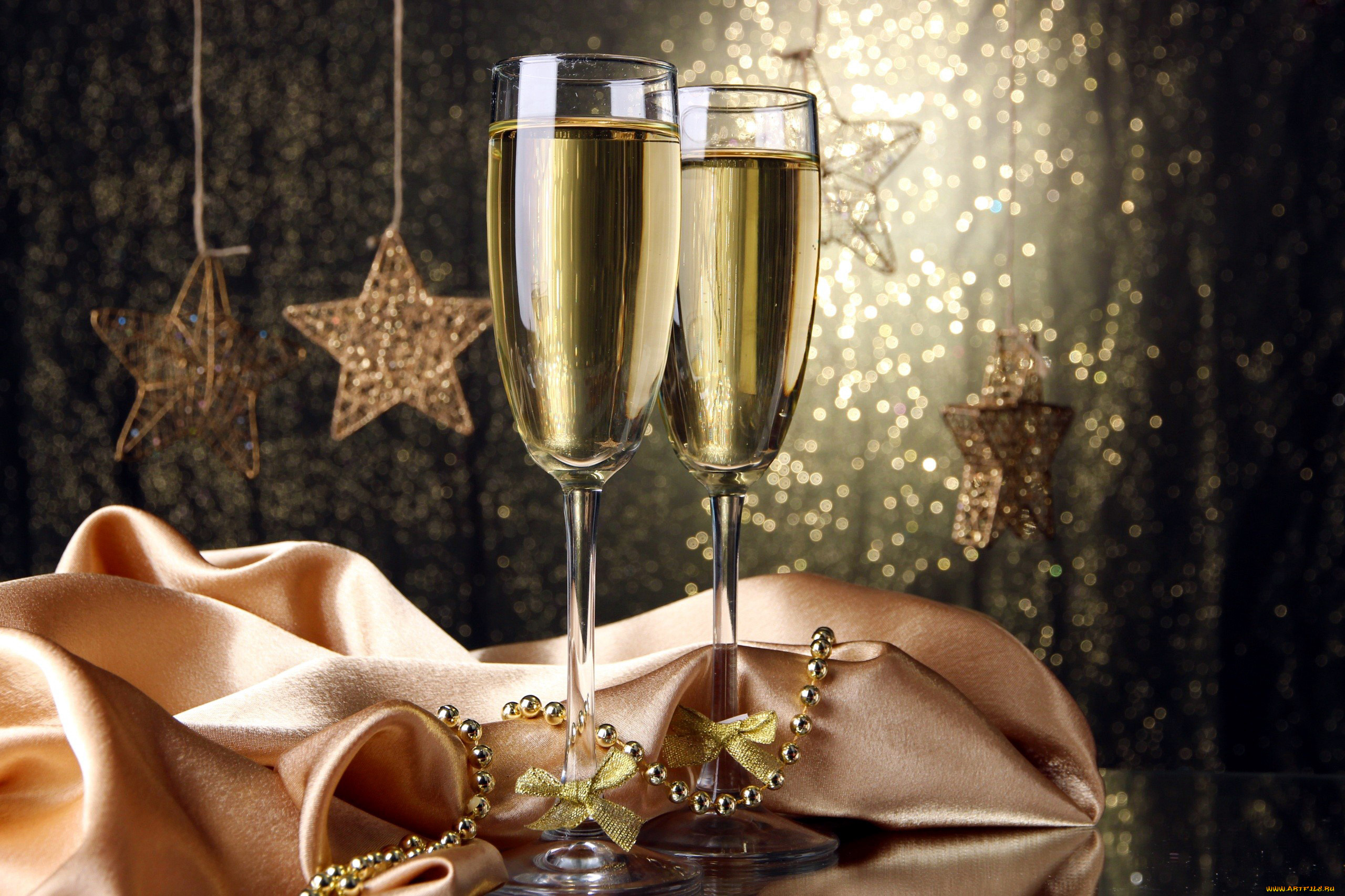 праздничные, угощения, бокалы, шампанское, звезды, бантики, ткань, бусы