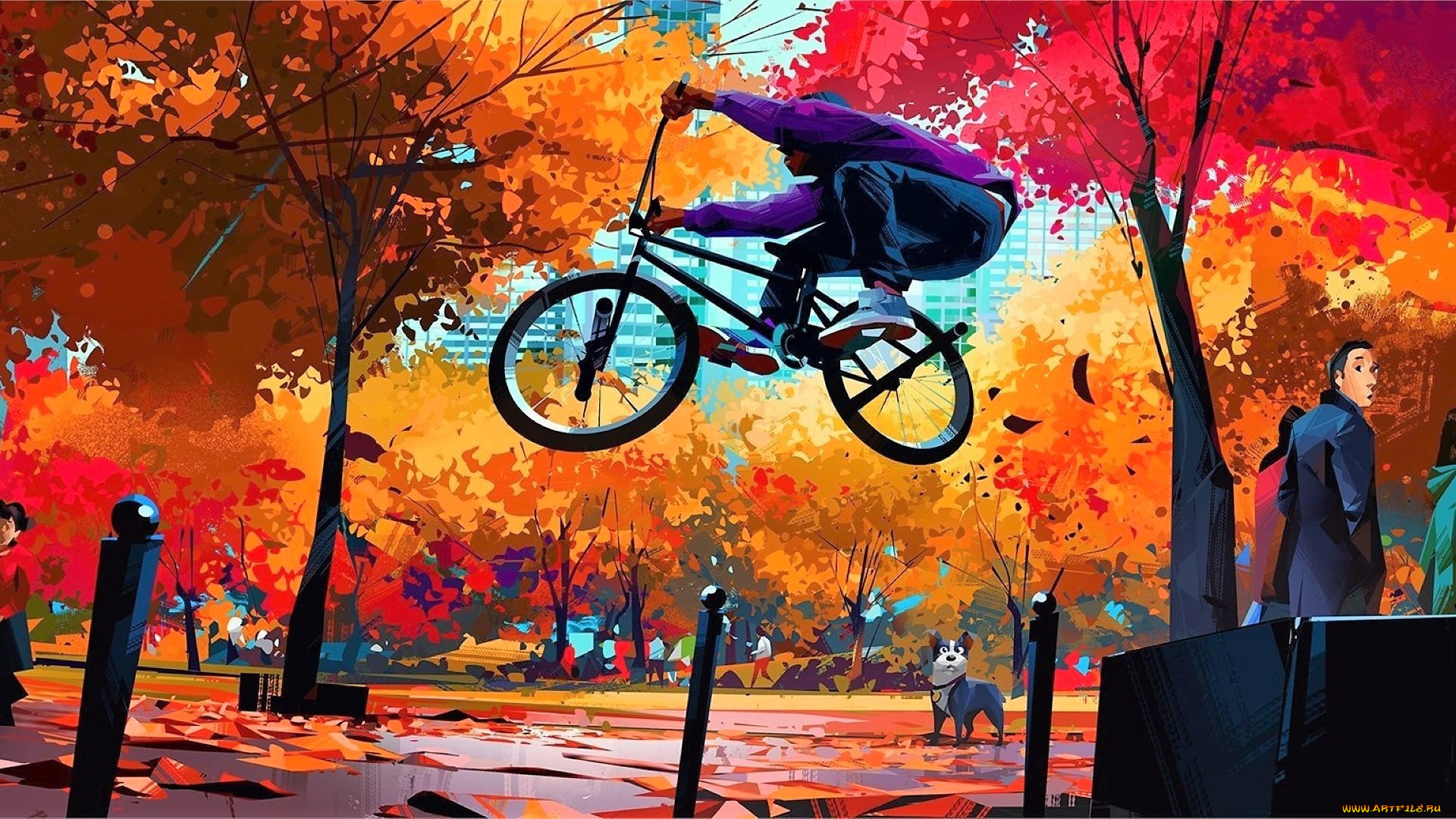 рисованное, люди, парк, осень, велосипедист