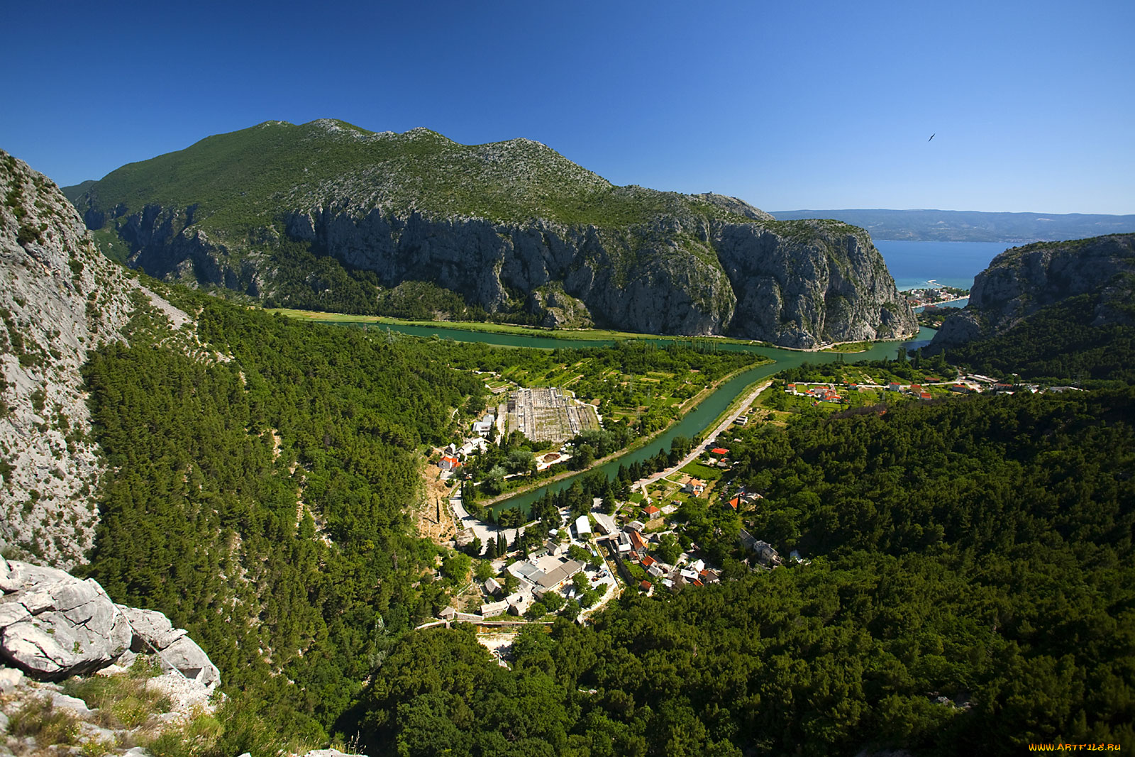хорватия, природа, пейзажи, река, горы, море, городок