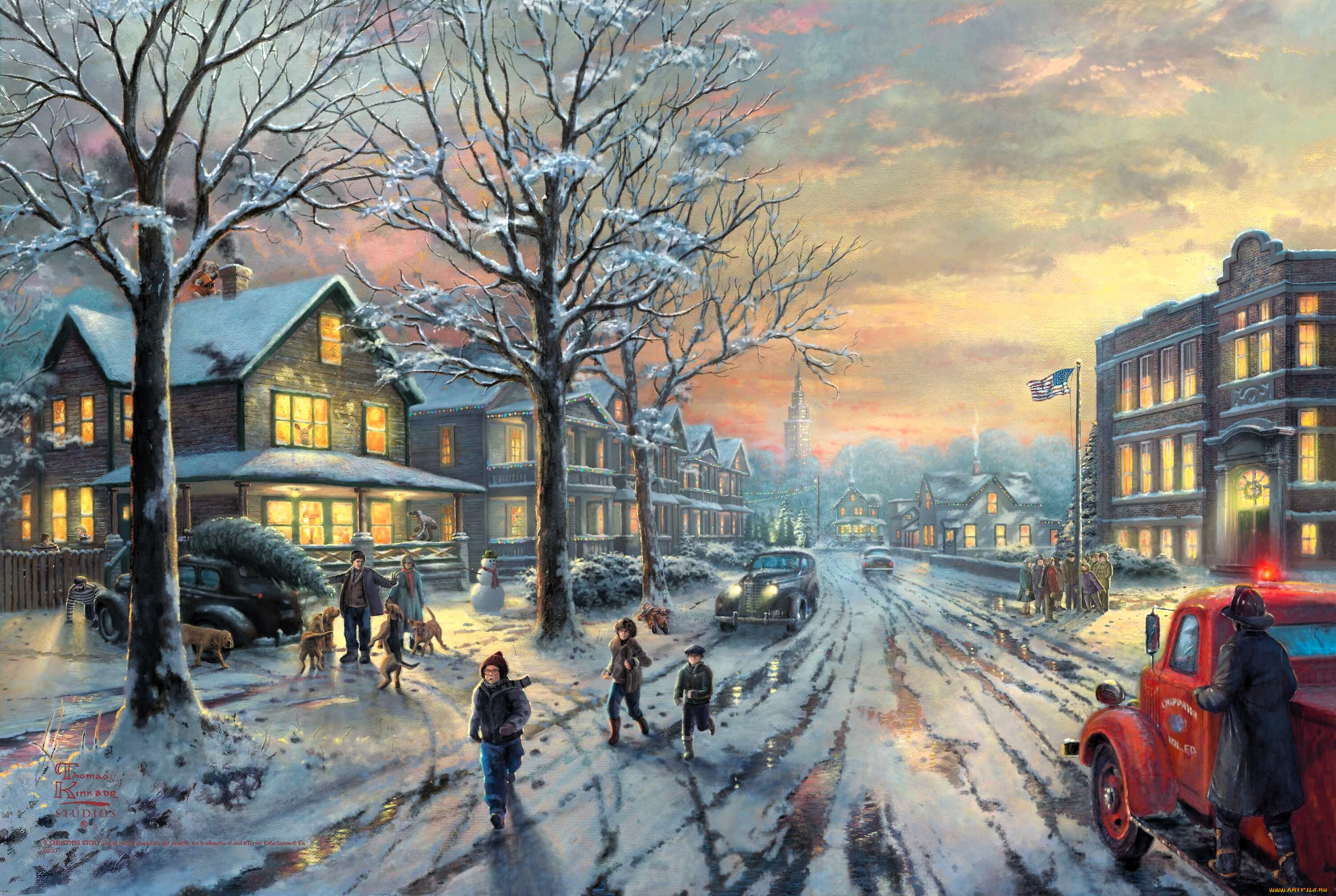 рисованное, thomas, kinkade, люди, улица, снег, елка