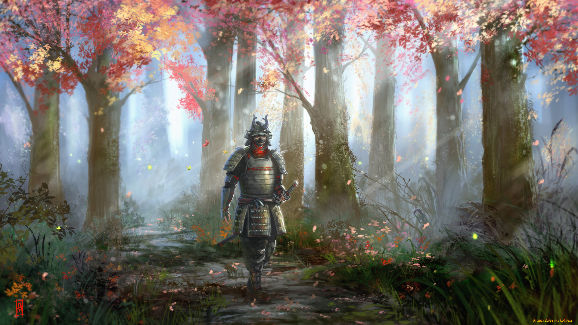 фэнтези, люди, лес, осень, доспехи, самурай, воин