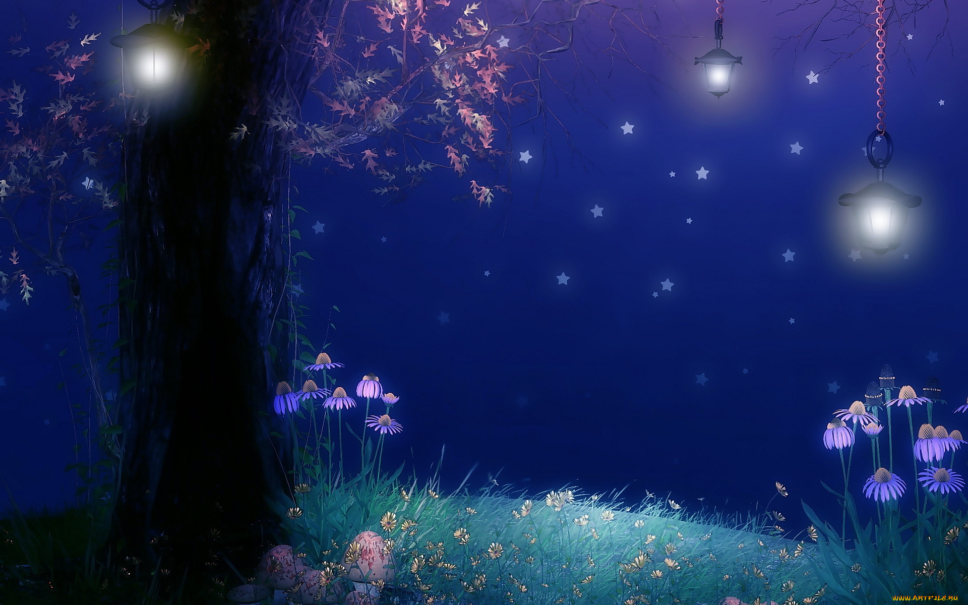рисованное, природа, дерево, фонари, ночь, звезды, цветы