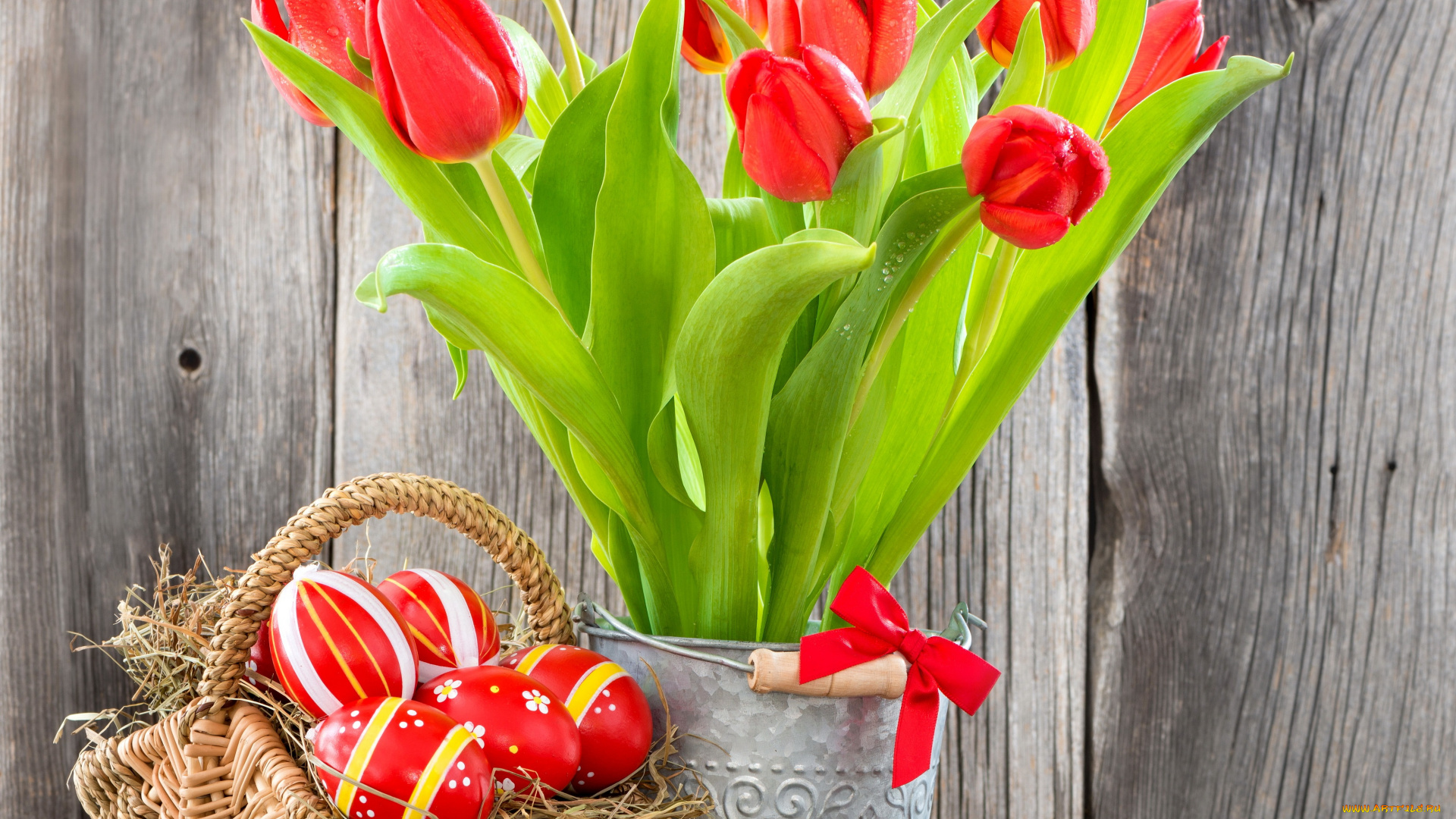 праздничные, пасха, яйца, red, basket, tulips, easter, eggs, flowers, тюльпаны