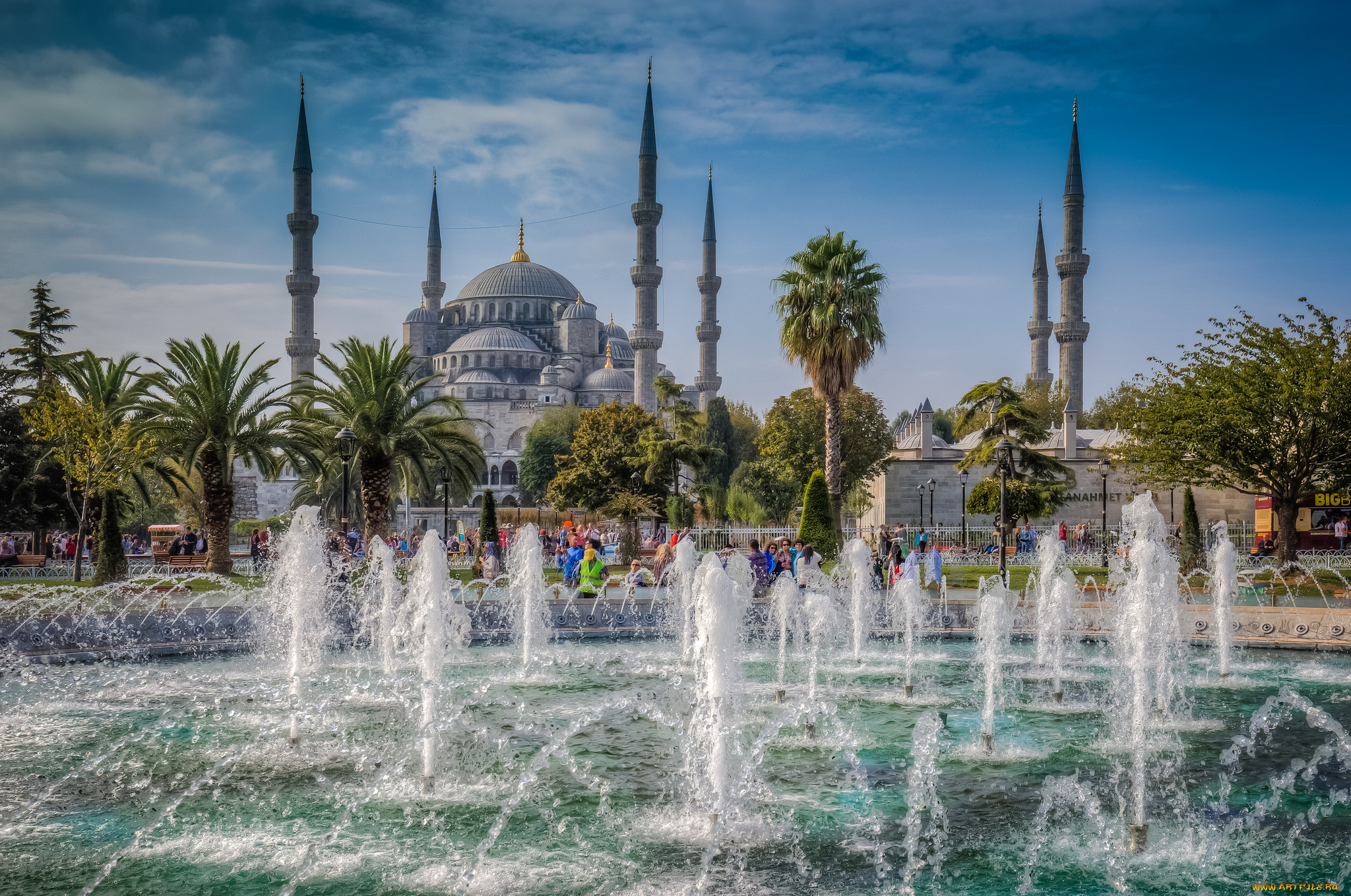blue, mosque, frontlit, города, -, фонтаны, фонтаны, мечеть