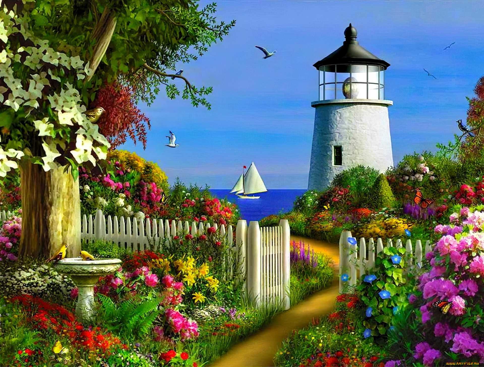 рисованное, alan, giana, маяк, сад, цветы, деревья, забор, яхта, море