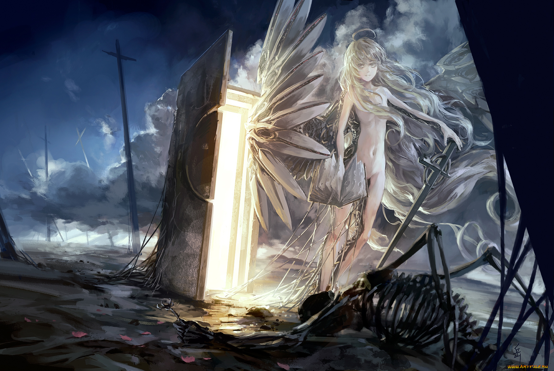 аниме, angels, demons, скелет, книга, ангел, крылья, девушка
