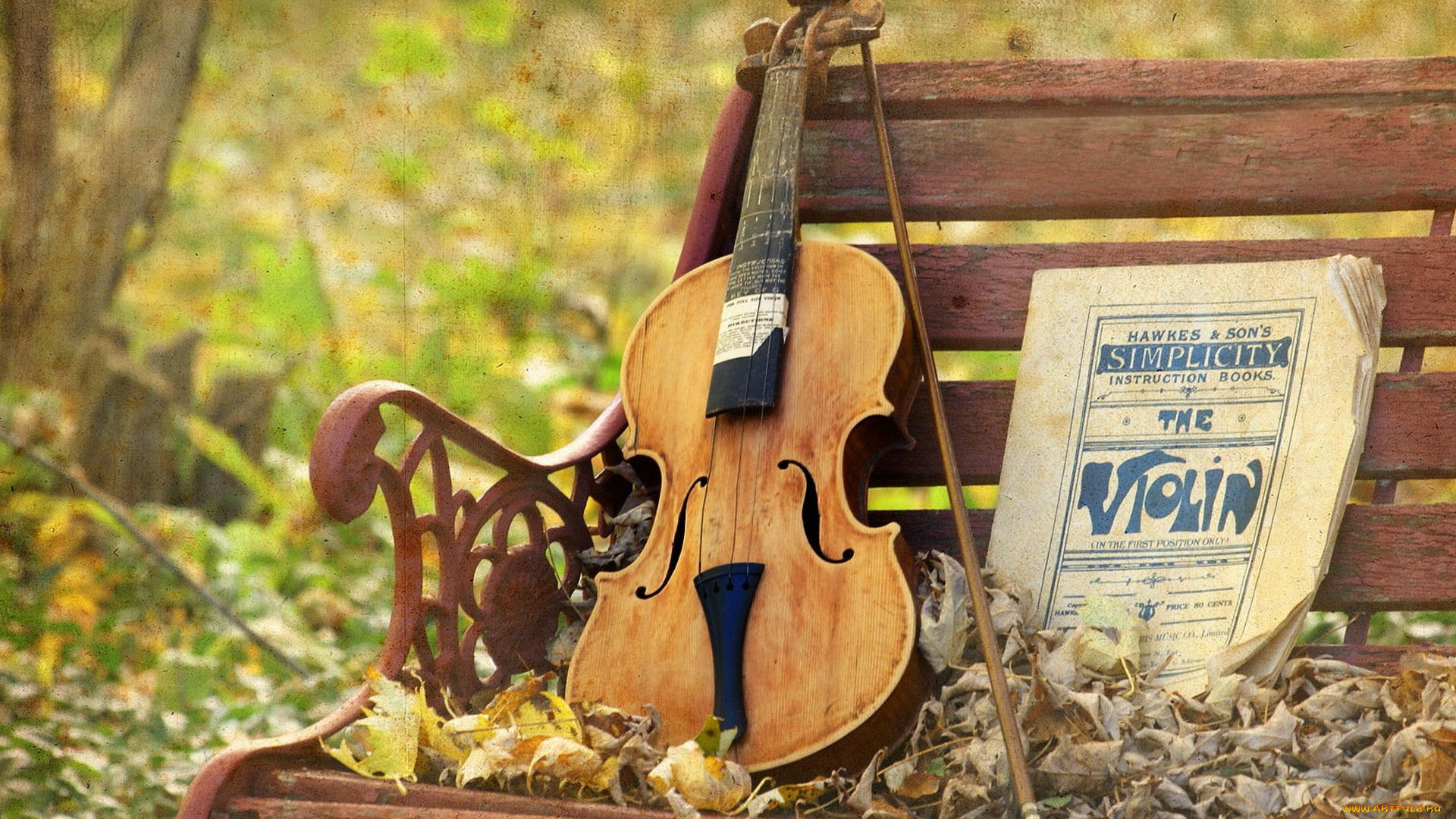 музыка, -музыкальные, инструменты, ноты, скрипка, скамья, листья, улица, скамейка
