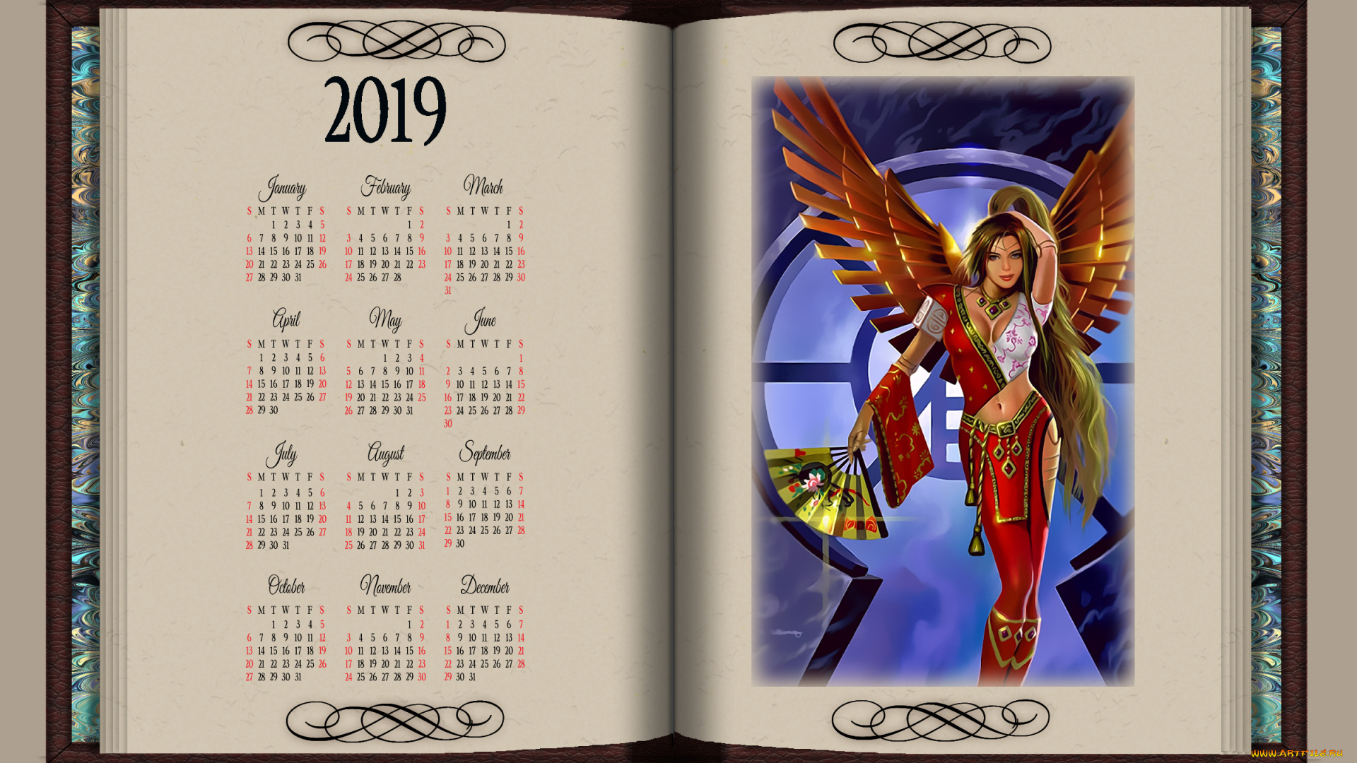календари, фэнтези, calendar, женщина, веер, крылья, девушка, 2019, книга