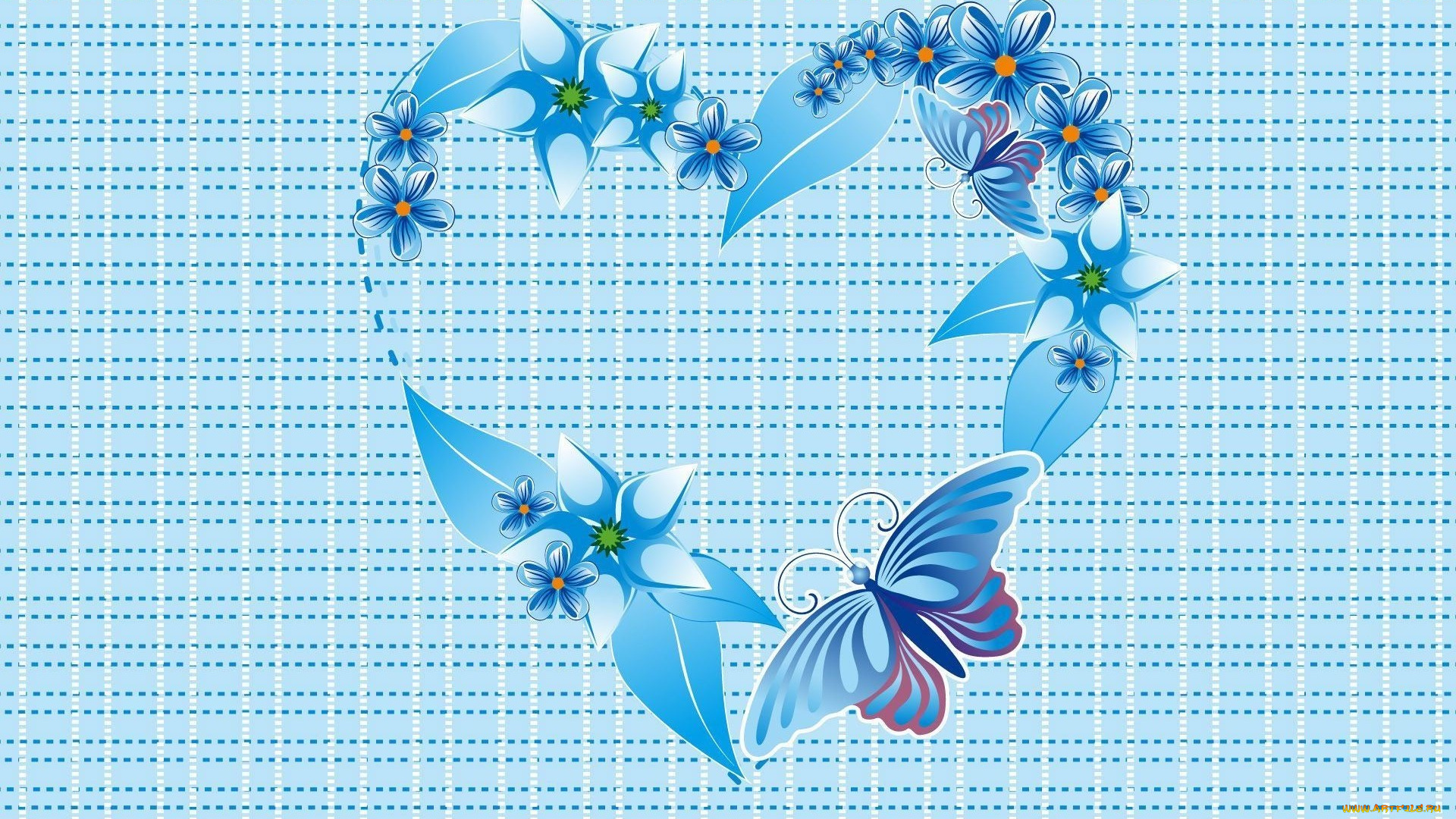 векторная, графика, сердечки, синий, цветы