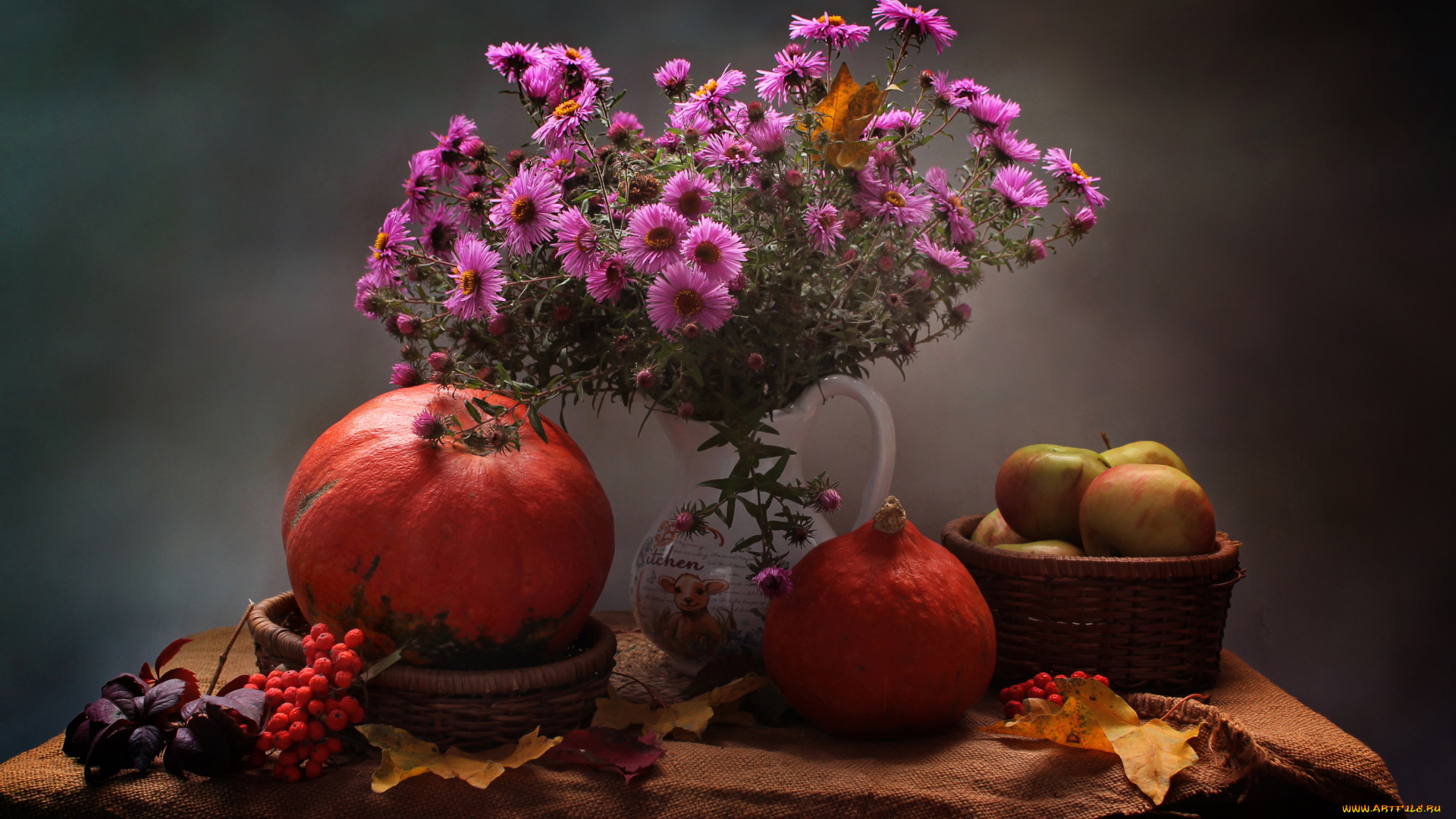 еда, натюрморт, осень, цветы, листья, октябрь, яблоки, тыква, хризантемы