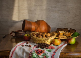 Картинка еда натюрморт орехи кувшин молоко яблоки хлеб