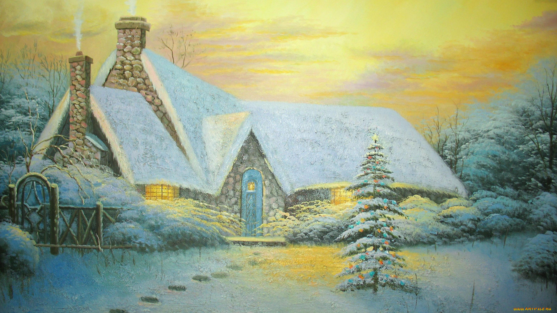 thomas, kinkade, рисованные, рождество, зима, ёлка, снег, дом