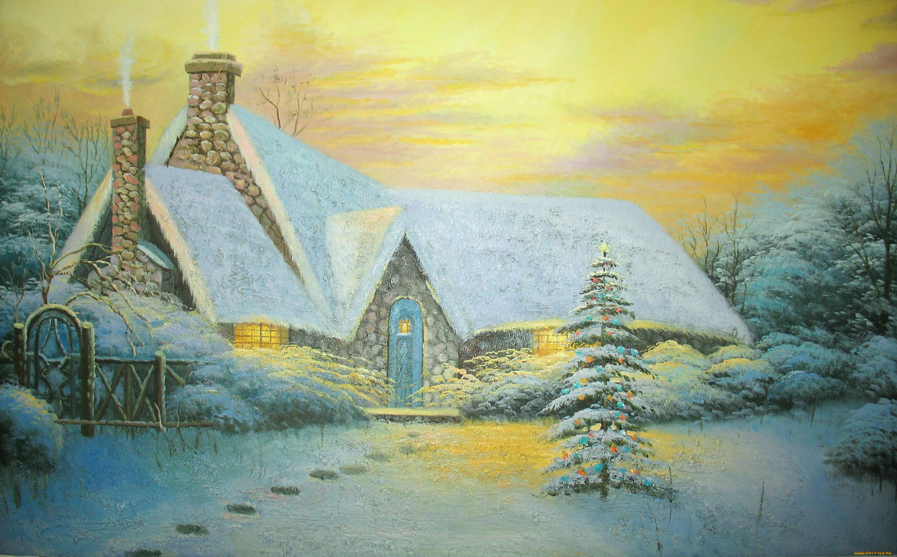 thomas, kinkade, рисованные, рождество, зима, ёлка, снег, дом