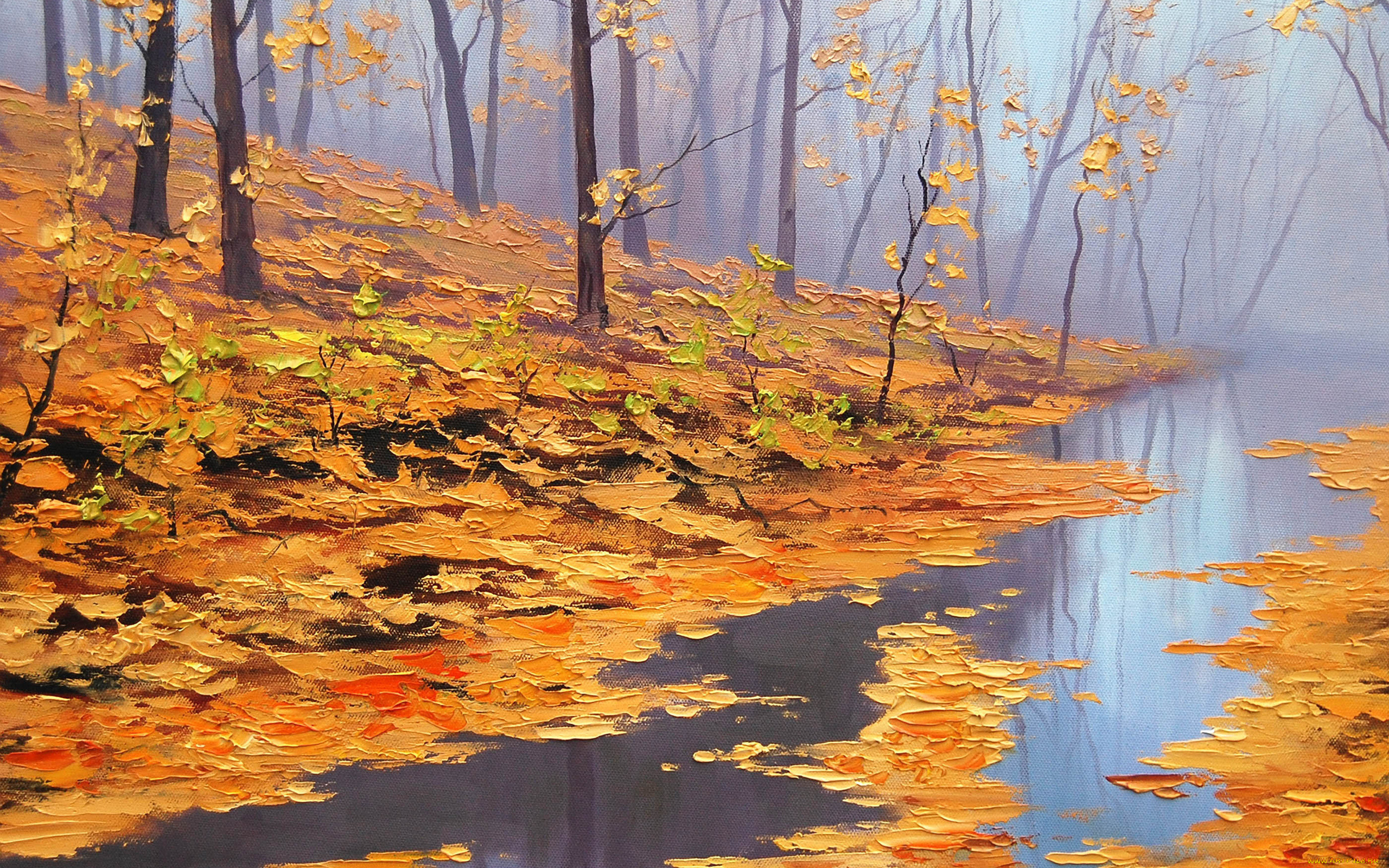 осень, рисованные, живопись, лужа, листья, картина