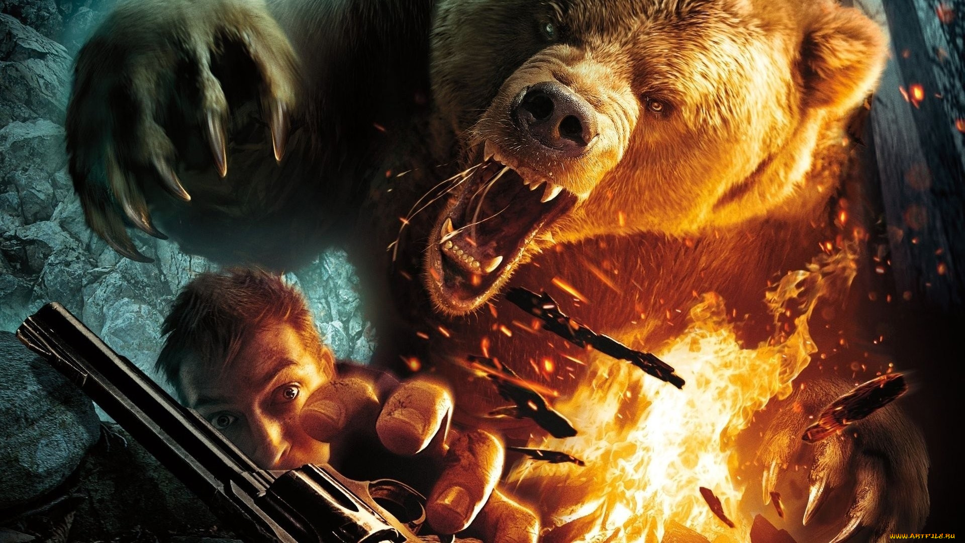 видео, игры, -, cabela`s, dangerous, hunts, мужчина, пламя, револьвер, медведь